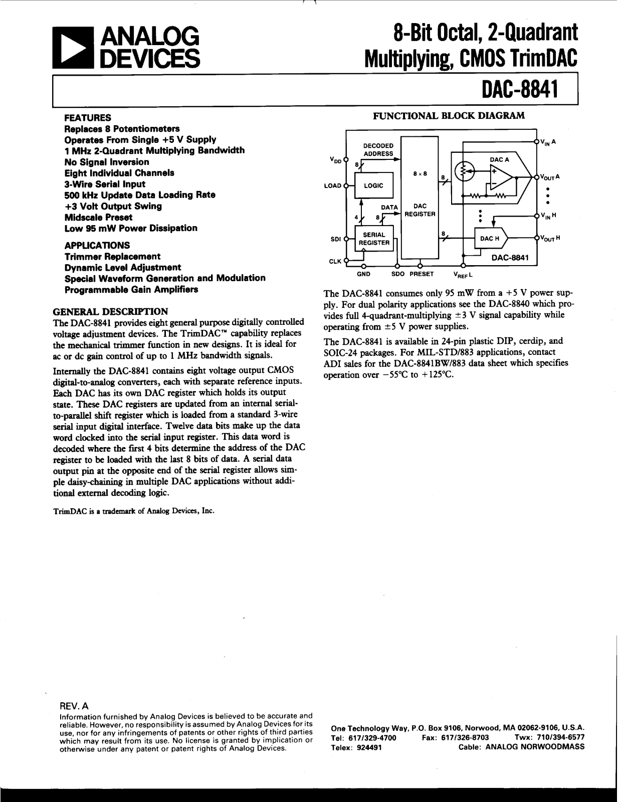 Analog Devices DAC8841 Datasheet