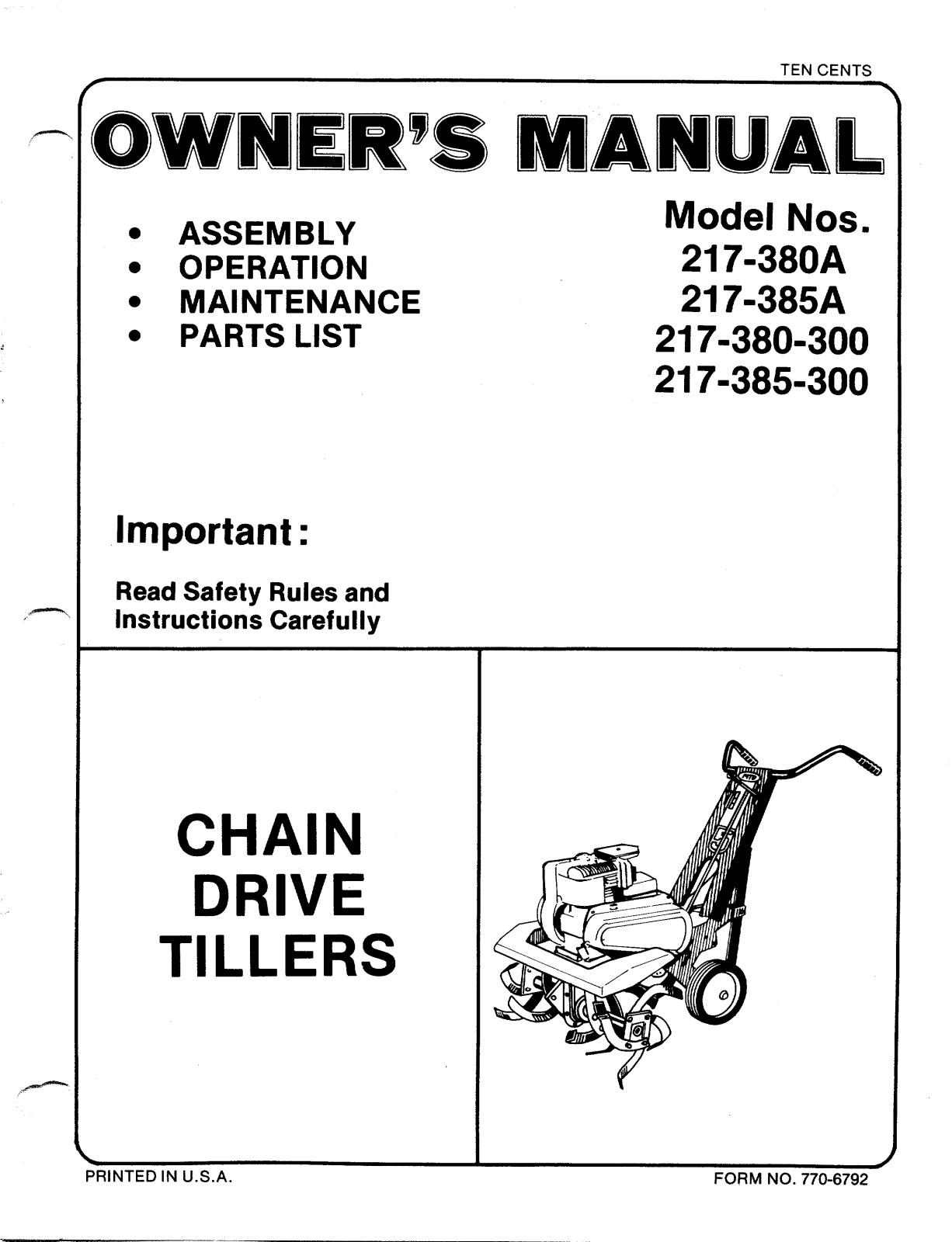 Mtd 217-380a, 217-385a, 217-380-300, 217-385-300 owners Manual