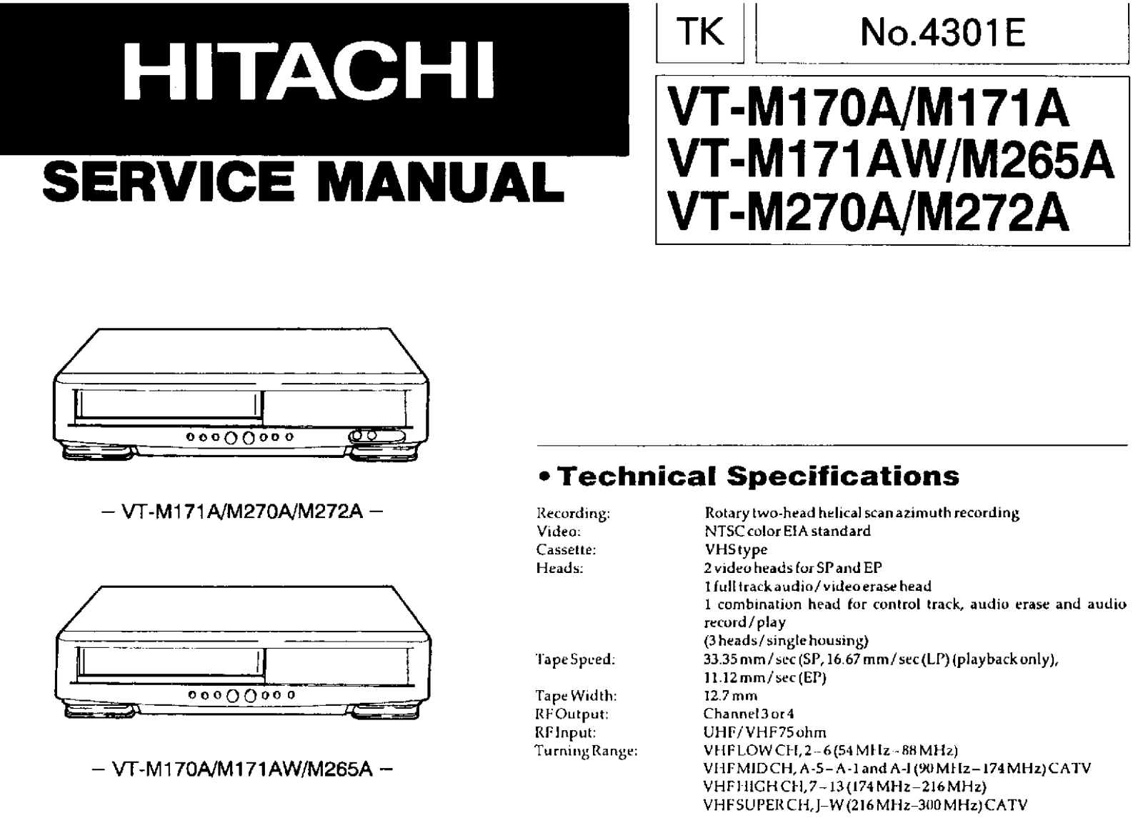 hitachi VT-M171A, VT-M17OA, VT-M170A Service Manual