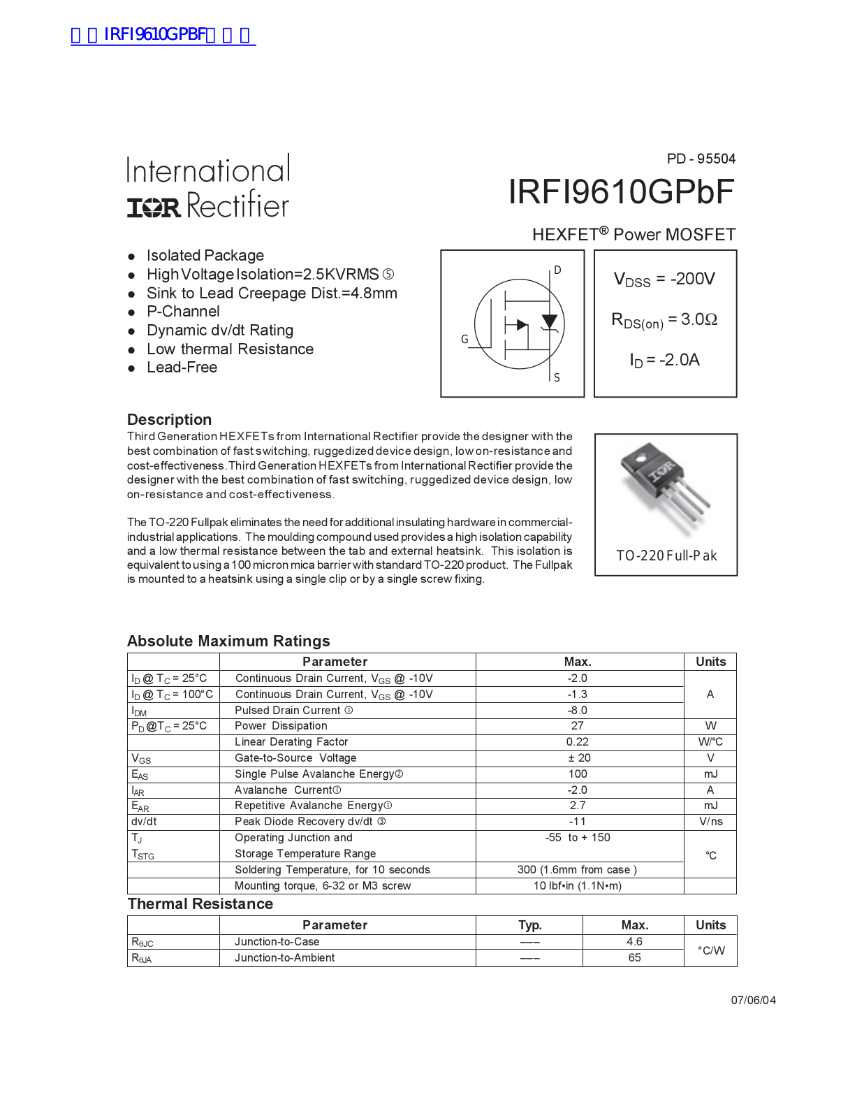 IOR IRFI9610GPBF User Manual