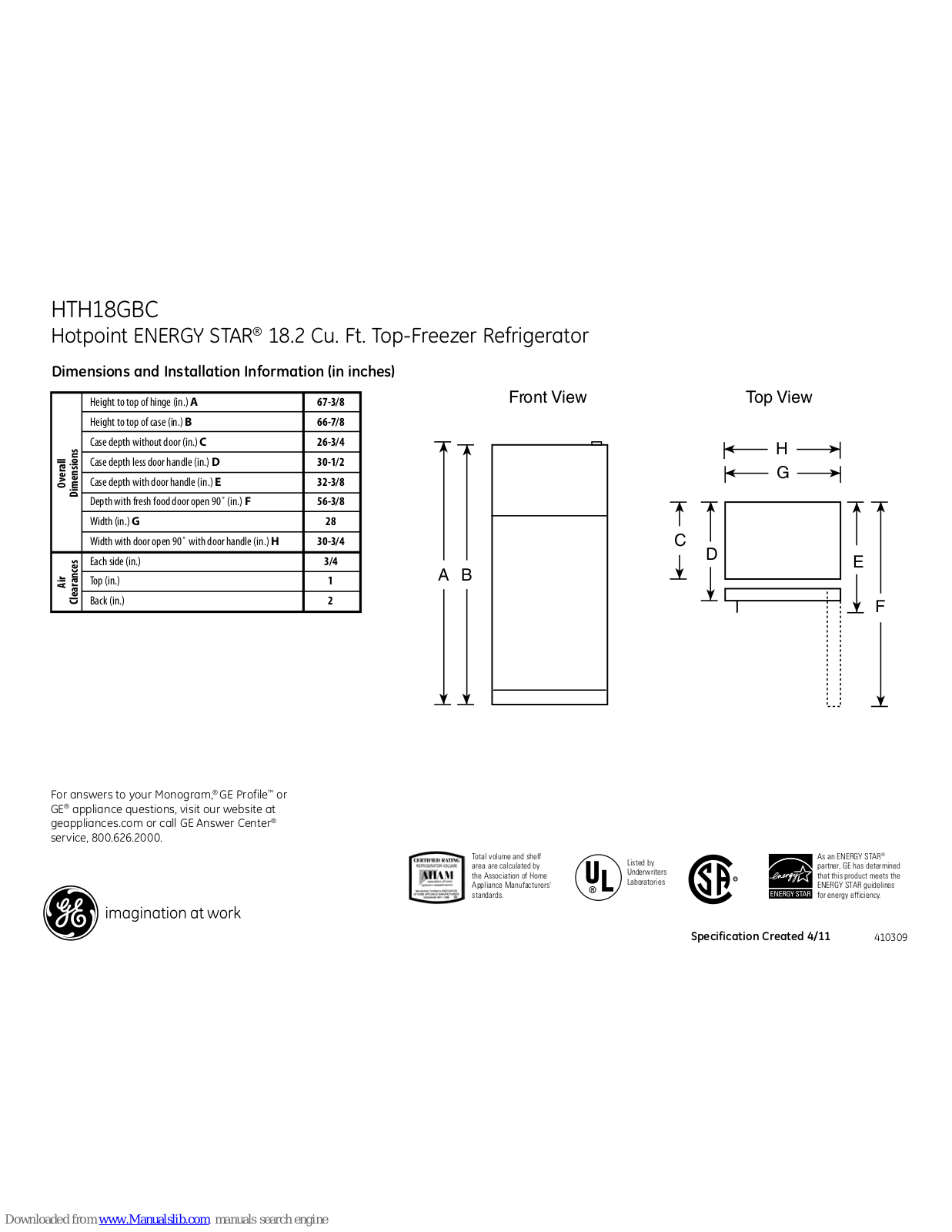 Hotpoint HTH18GBCCC, HTH18GBC, HTH18GBCWW, HTH18GBCCCR Dimensions And Installation Information