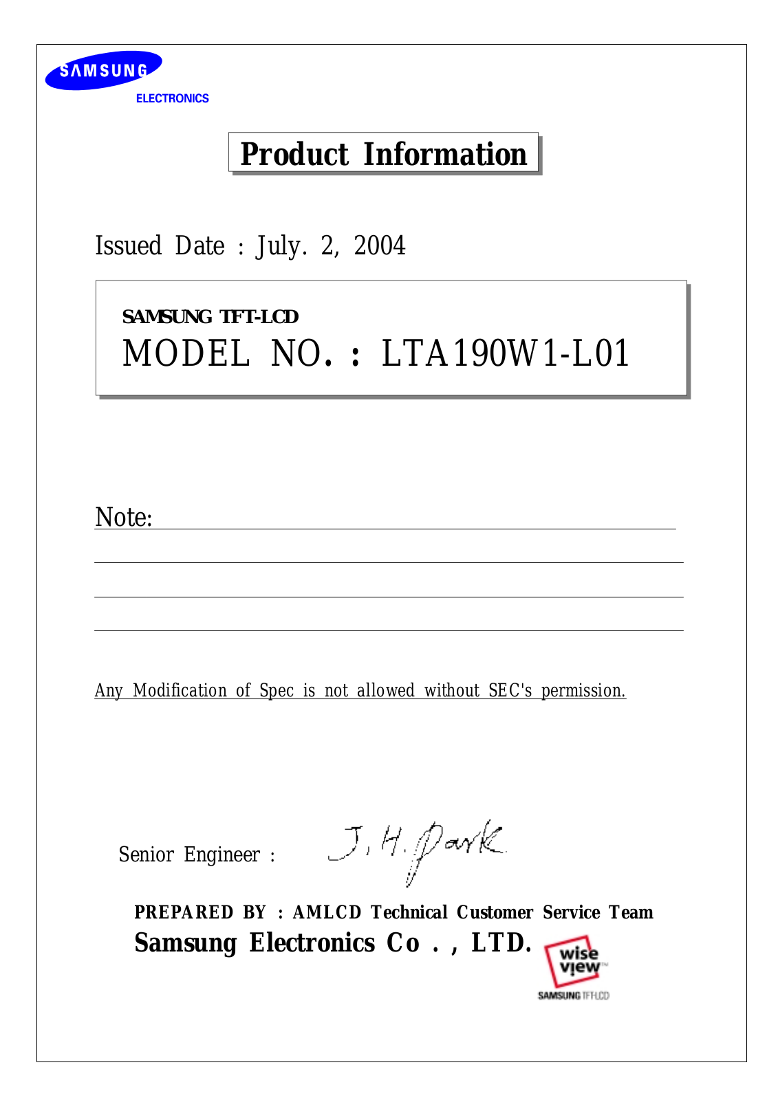 SAMSUNG LTA190W1-L01 Specification