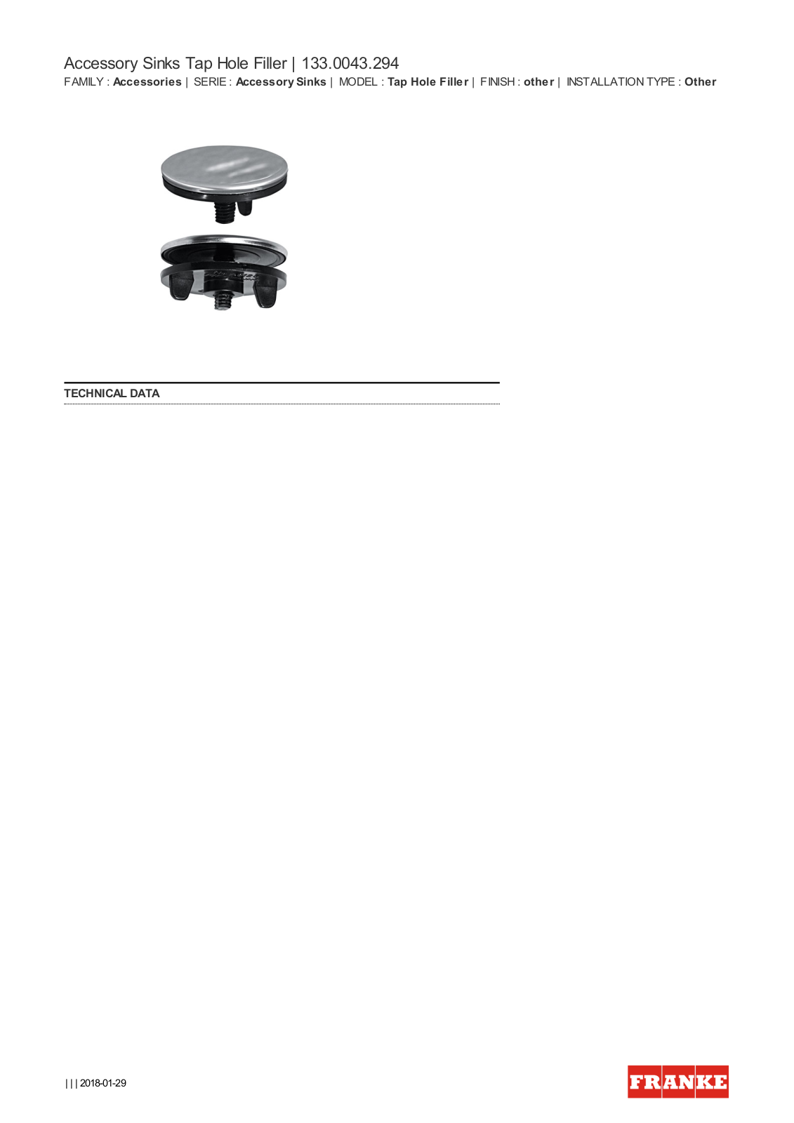 Franke THC294 Specifications Sheet