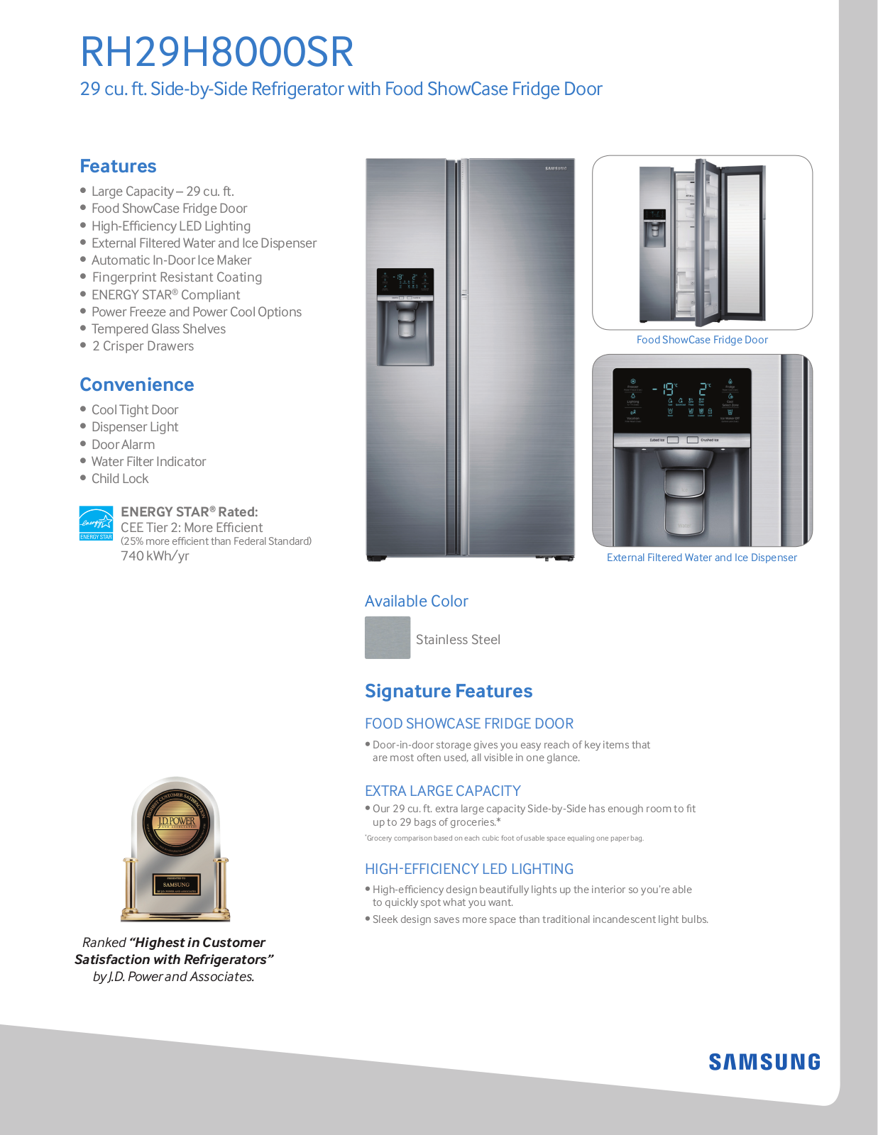 Samsung RH29H8000SR Specification Sheet