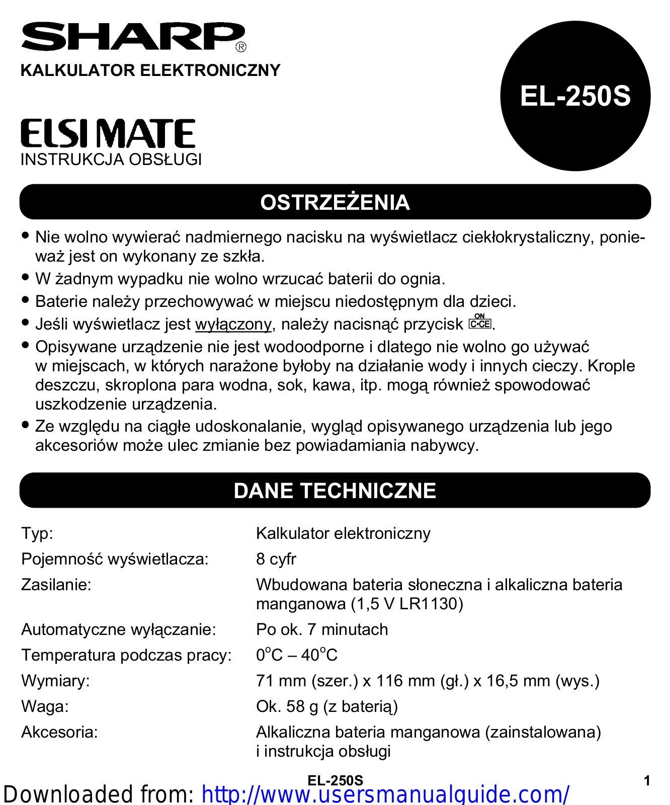 SHARP EL-250S User Manual