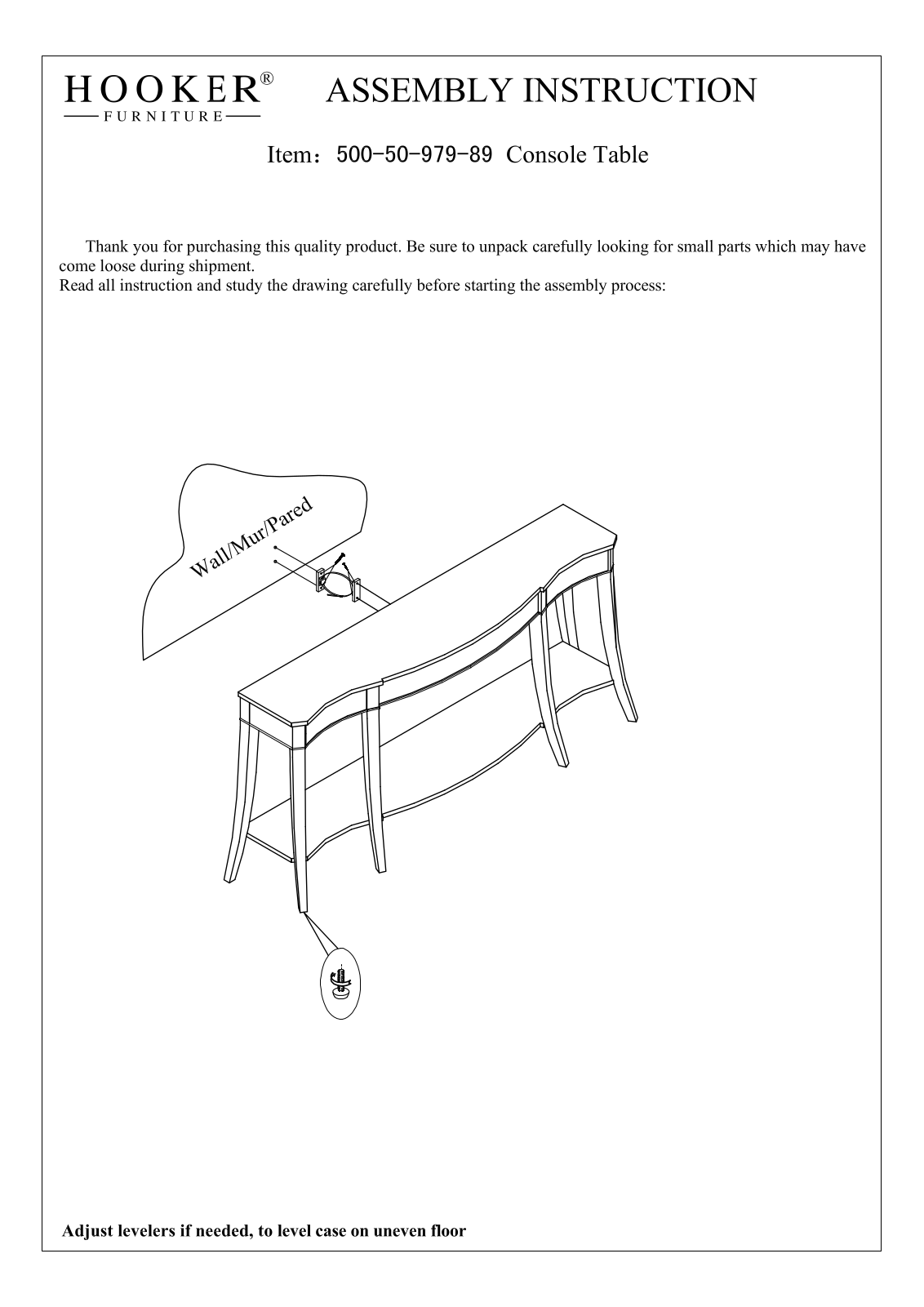 Hooker Furniture 5005097989 Assembly Guide