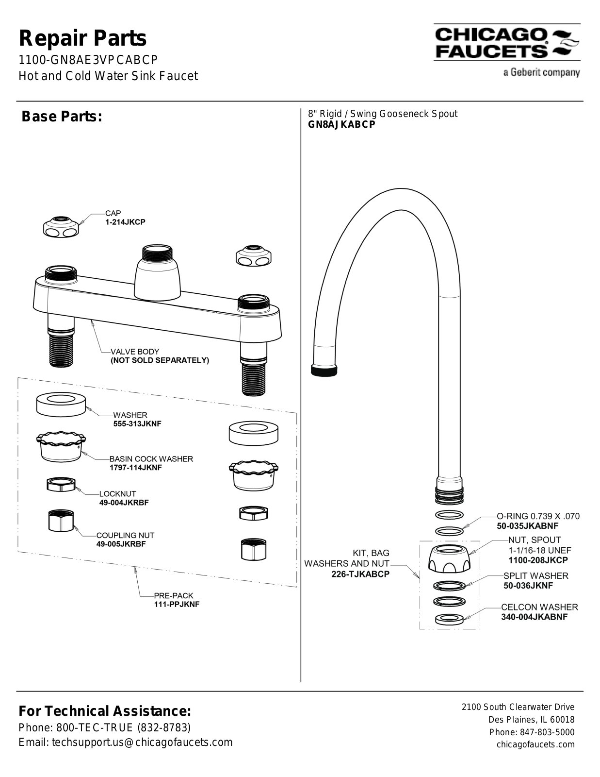 Chicago Faucet 1100-GN8AE3VPCABCP Parts List