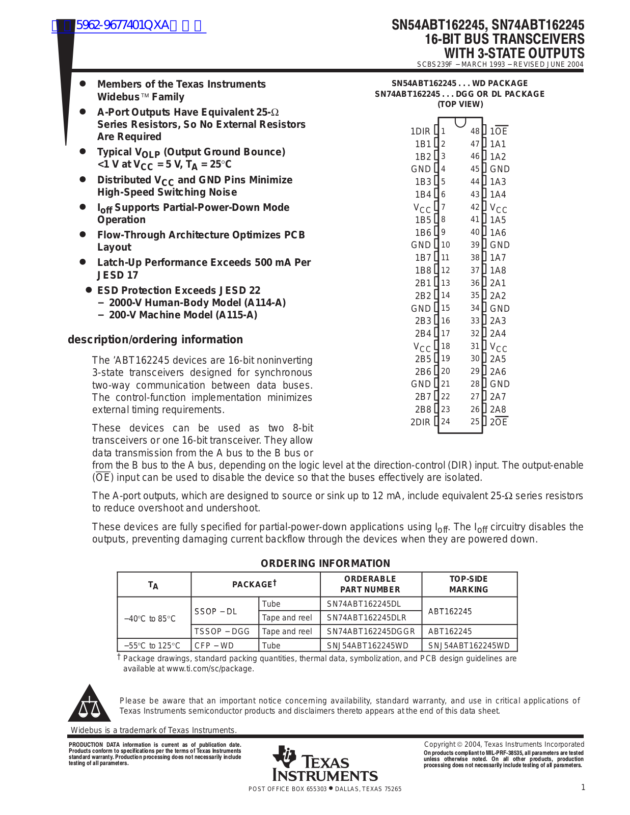 TEXAS INSTRUMENTS SN54ABT162245 Technical data