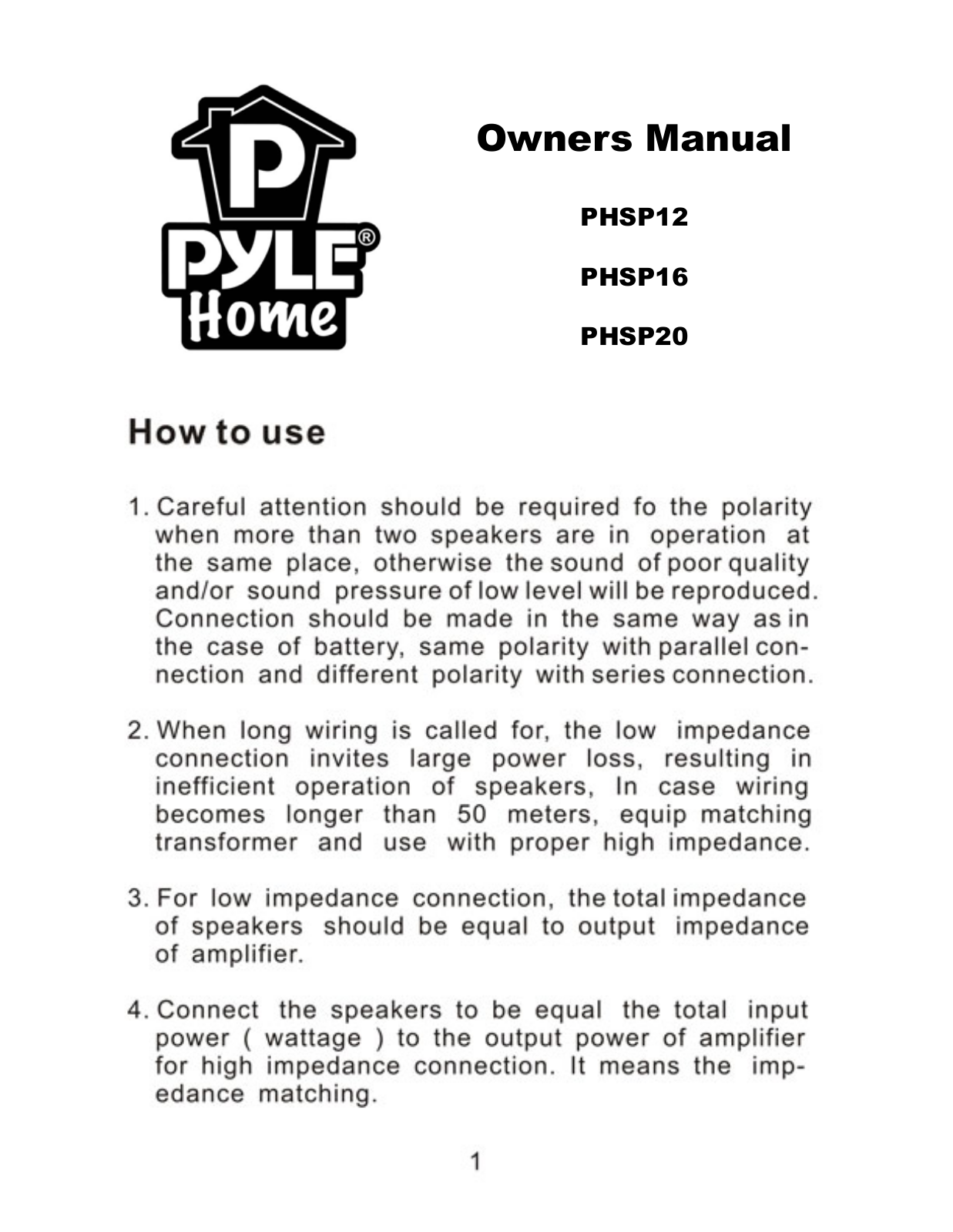 PYLE Audio PHSP16, PHSP20, PHSP12 User Manual