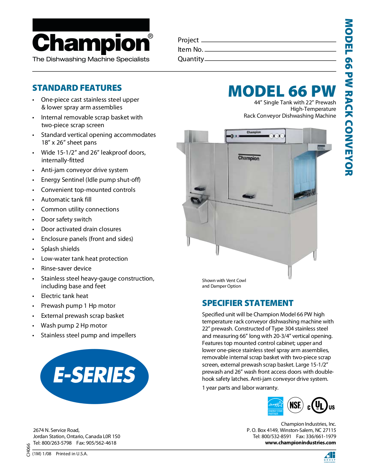 Champion Model 66 PW, 66 PW Specifications