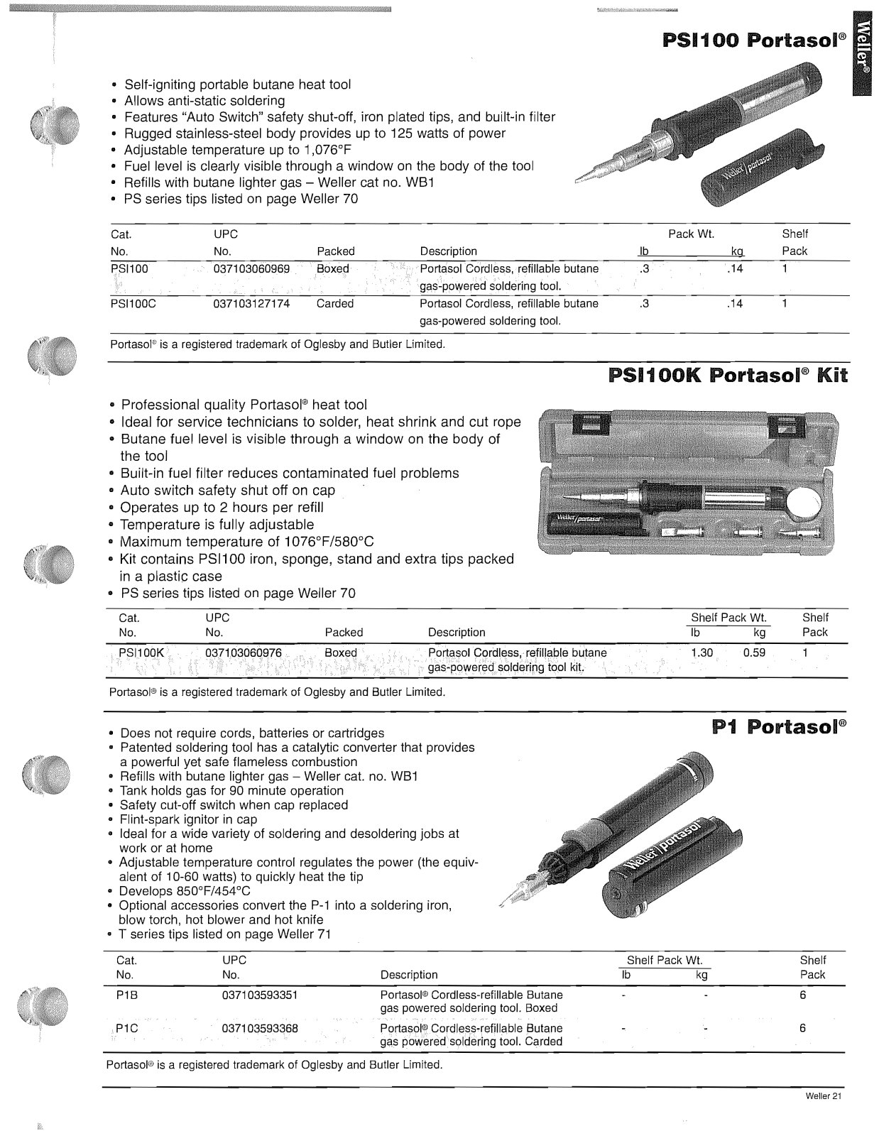 Weller - Apex Tool Group PSI100 Portasol, PSI100K Portasol, P1 Portasol Catalog Page