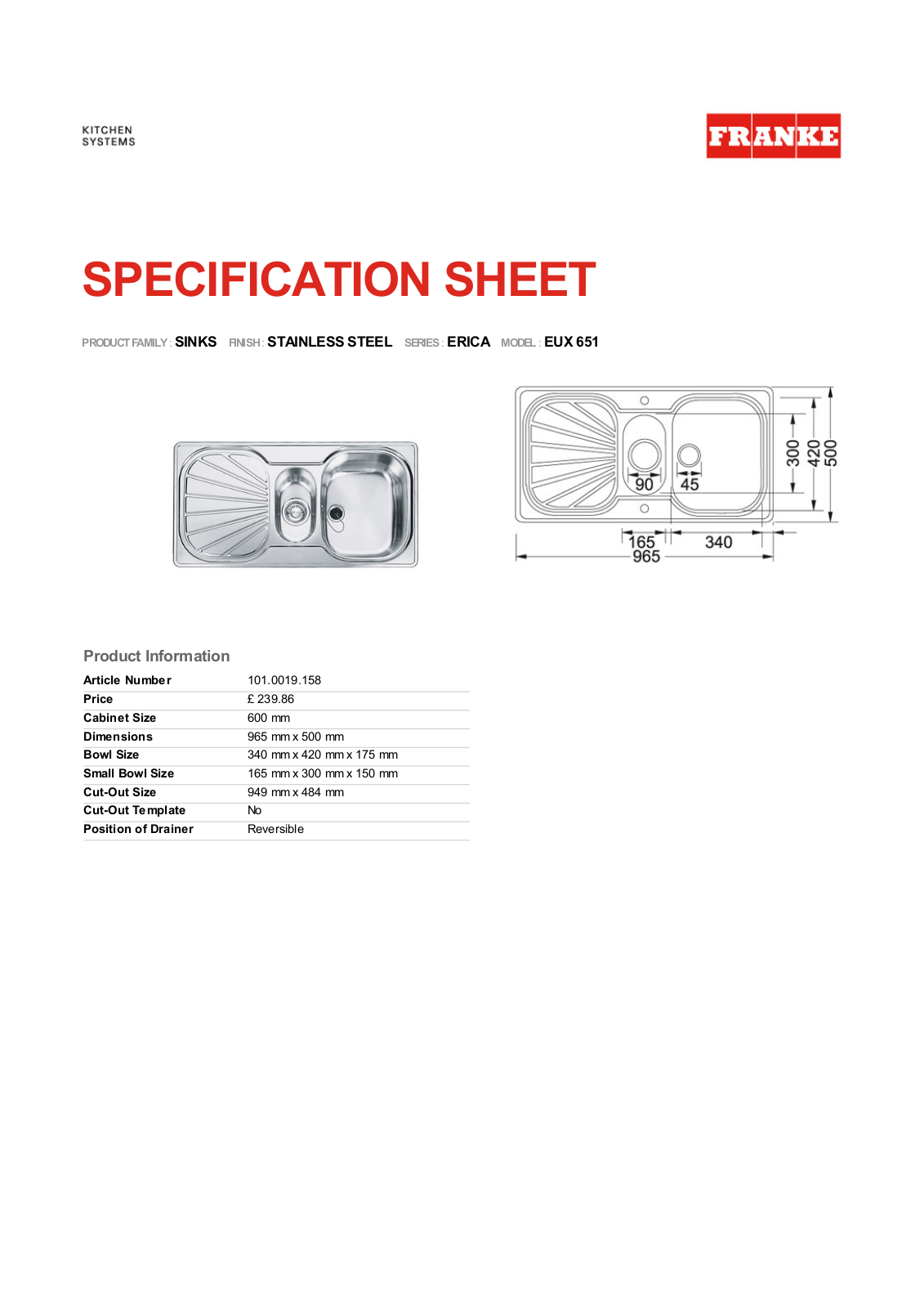 Franke Foodservice EUX 651 Specification