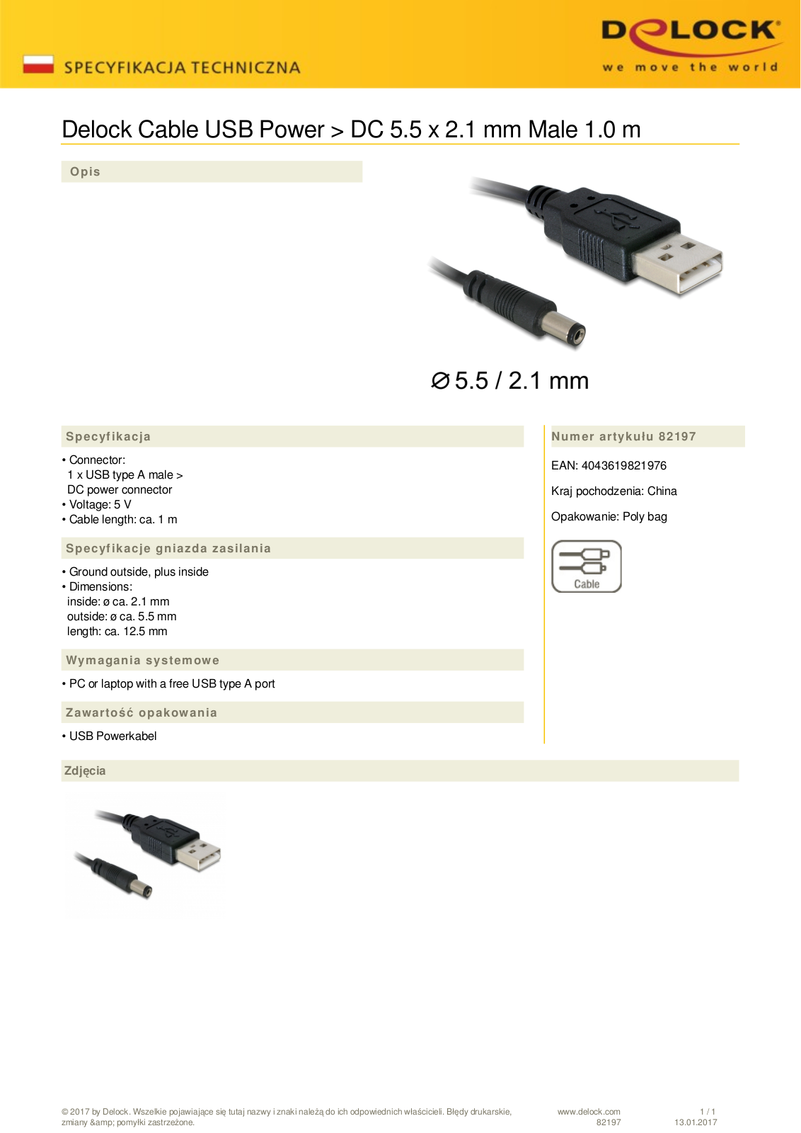 DeLOCK DC Hohlstecke to USB 2.0 1m User Manual