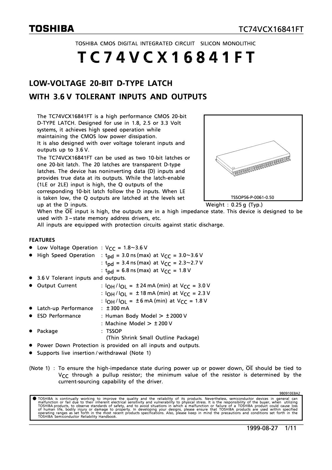 Toshiba TC74VCX16841FT Datasheet