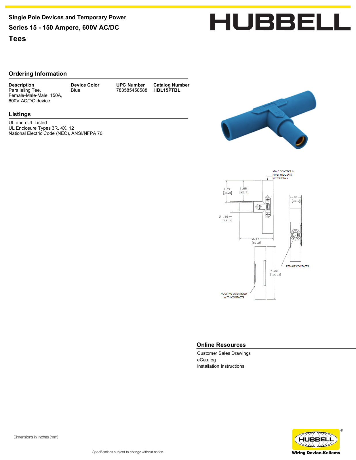 Hubbell HBL15PTBL Specifications