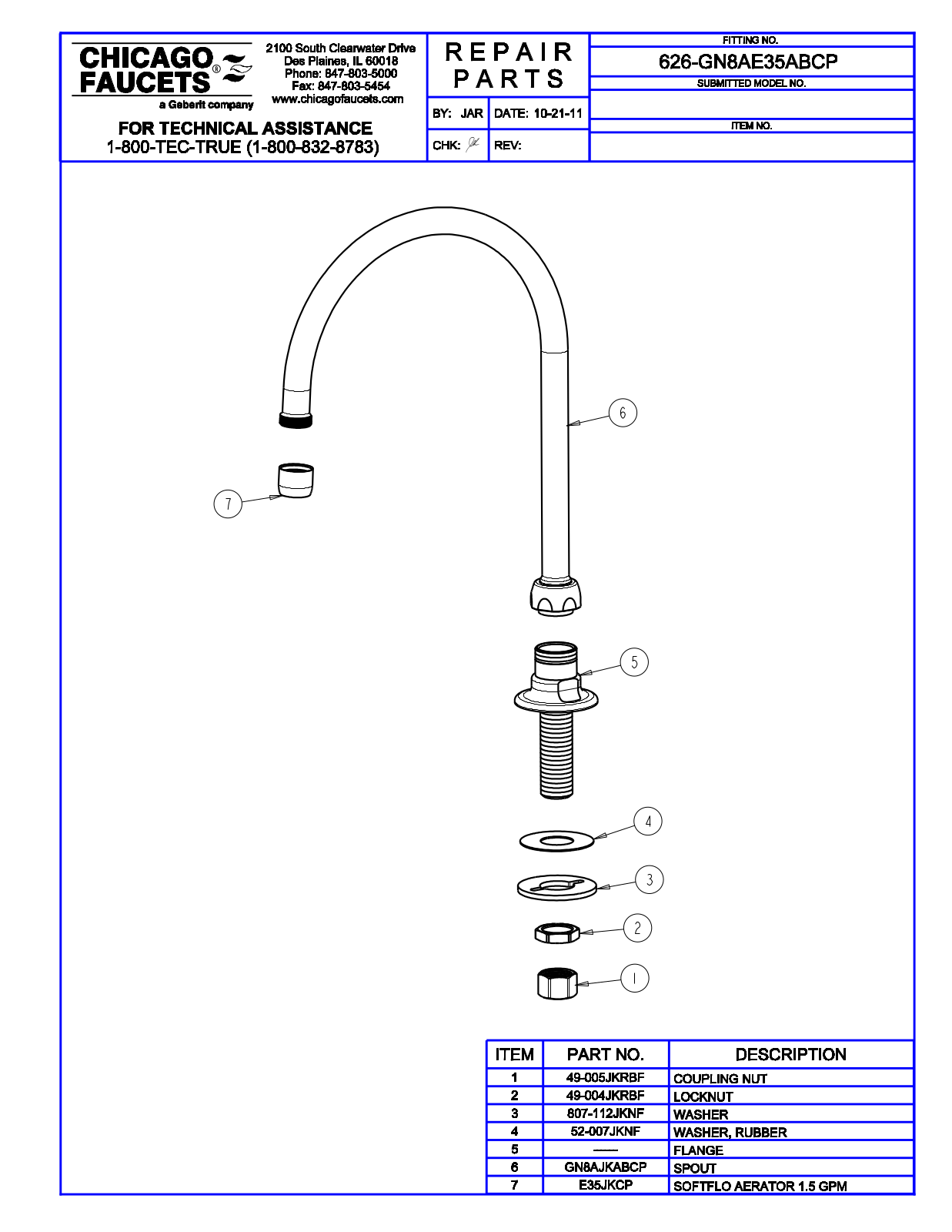 Chicago Faucet 626-GN8AE35ABCP Parts List