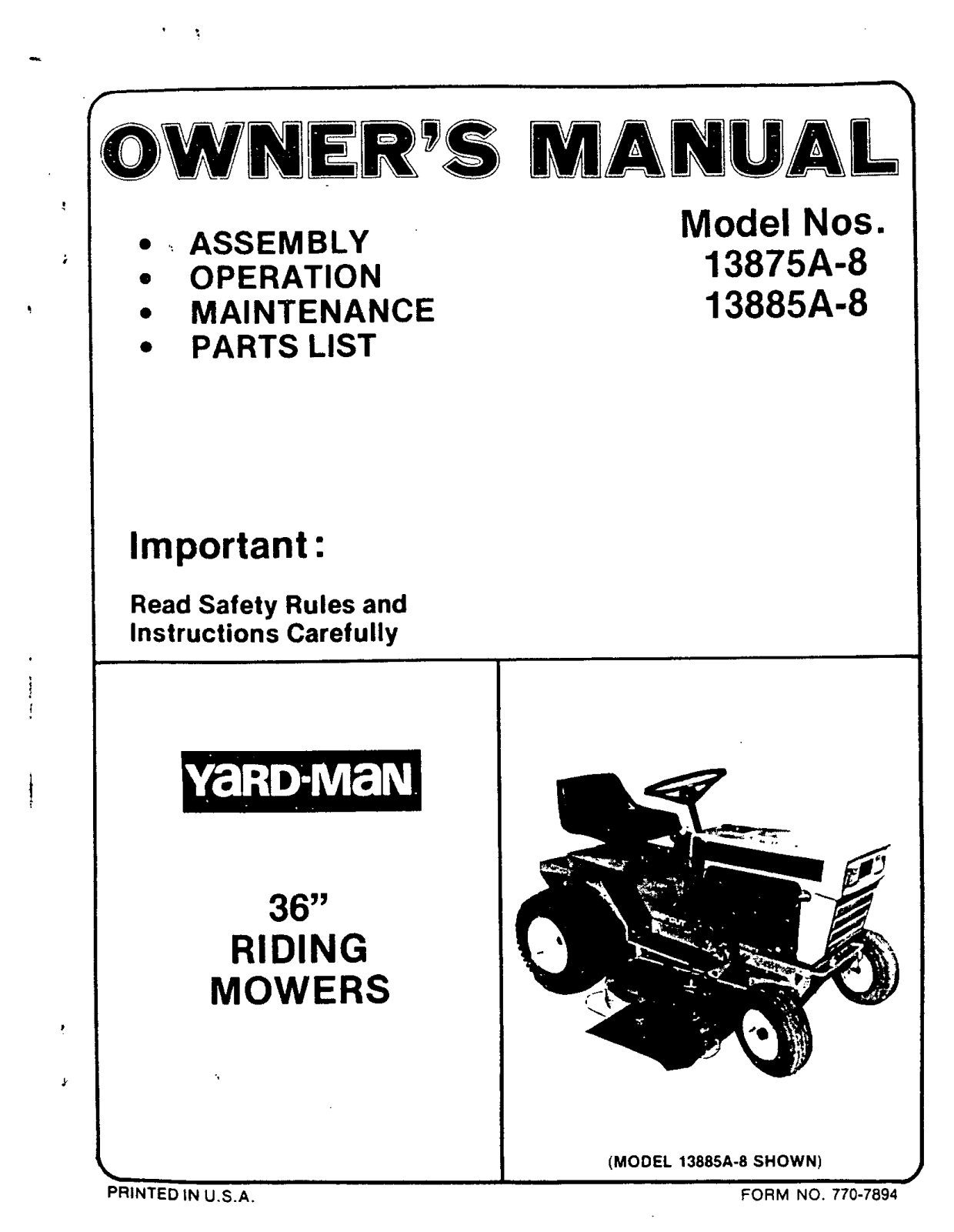 Yard-Man 13885A-8, 13875A-8 User Manual