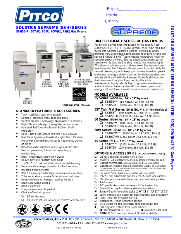 Pitco SSH55 User Manual