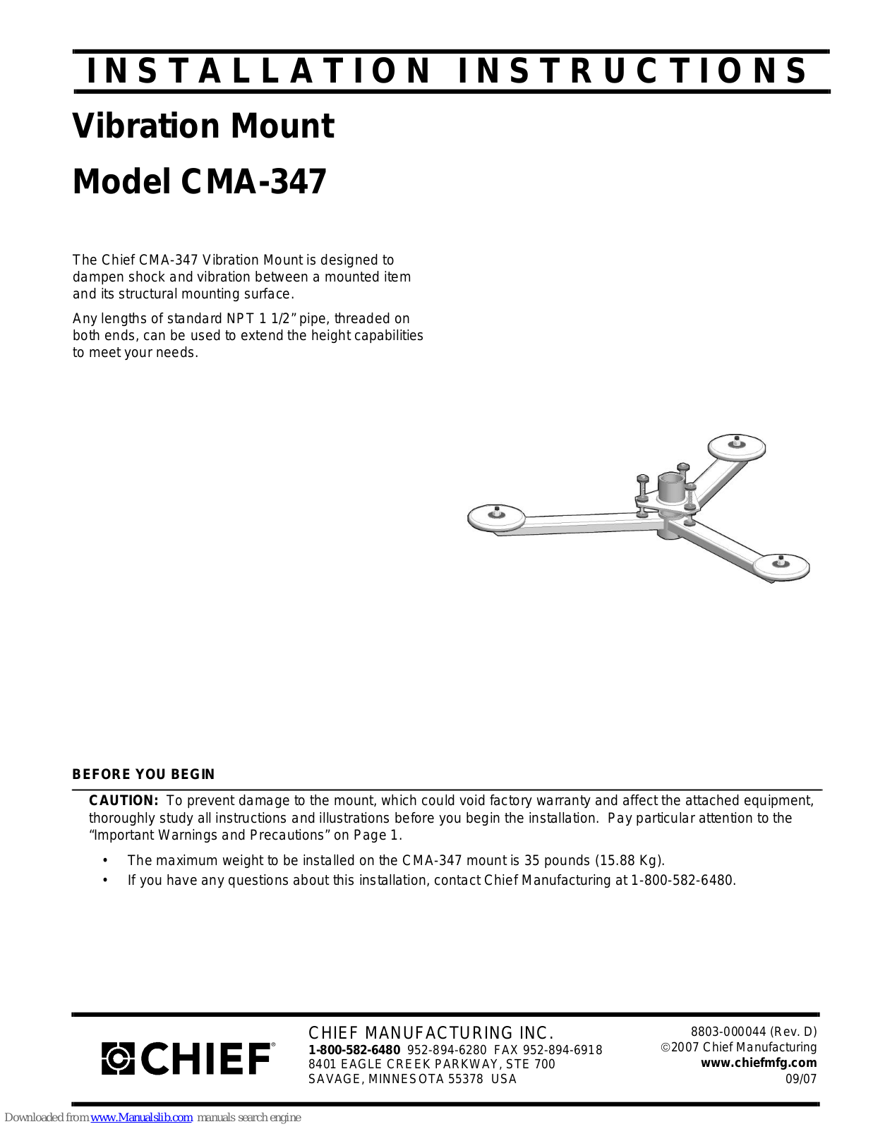 CHIEF Vibration Mount CMA-347 Installation Instructions Manual