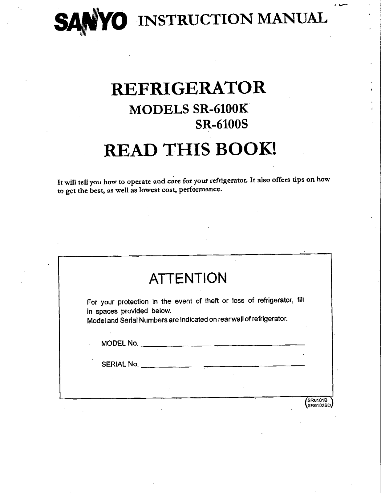 Sanyo SR-6100K, SR-6100S User Manual