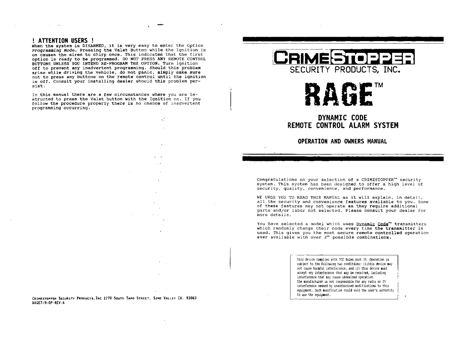 Crimestopper CS-9709 Operation Manual