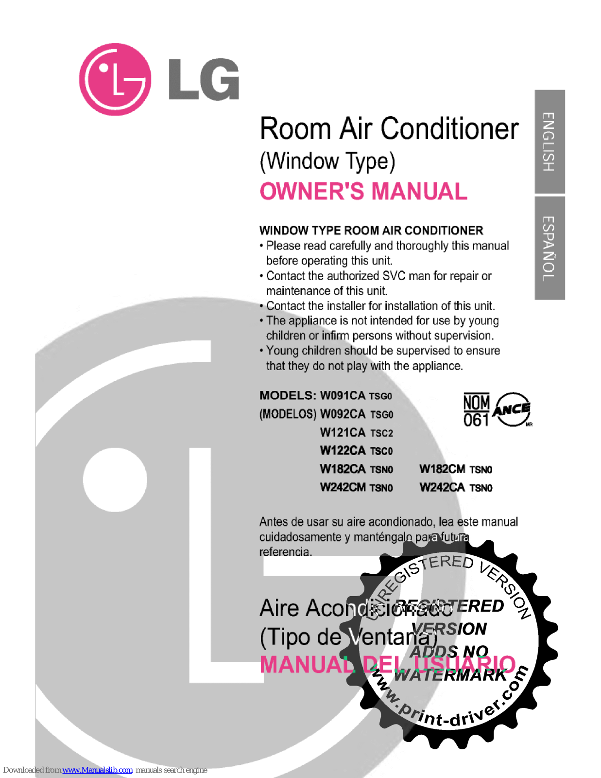 LG W182CM TSNO, W242CA TSNO, W091CA TSG0, W092CA TSG0, W121CA TSC2 User Manual