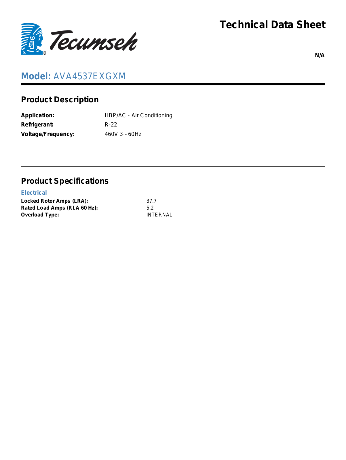 Tecumseh AVA4537EXGXM Technical Data Sheet