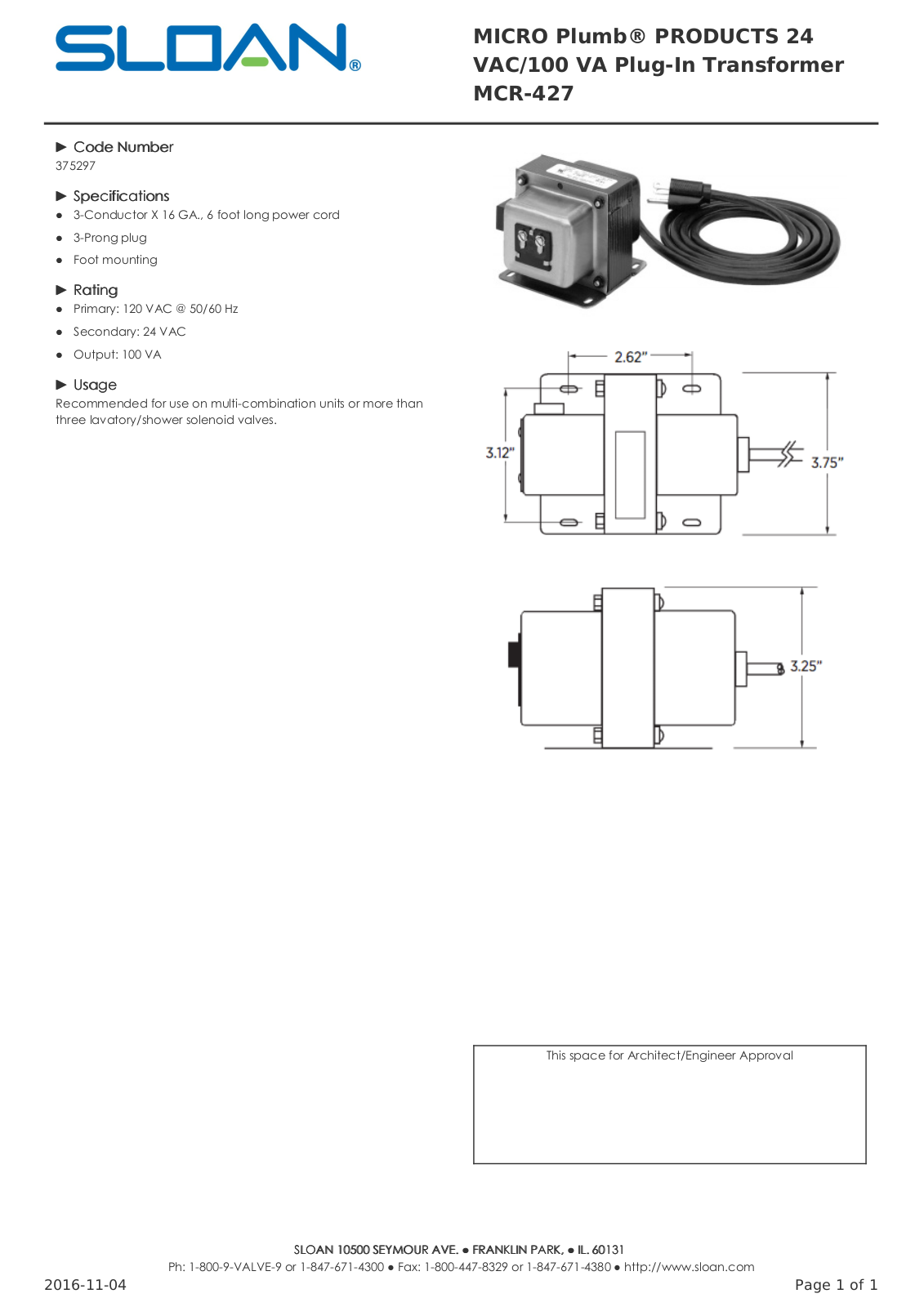 Sloan MCR-427 User Manual