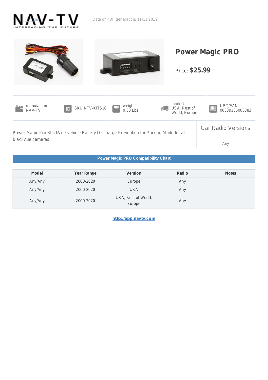 NAV-TV Power Magic PRO Specification Sheet