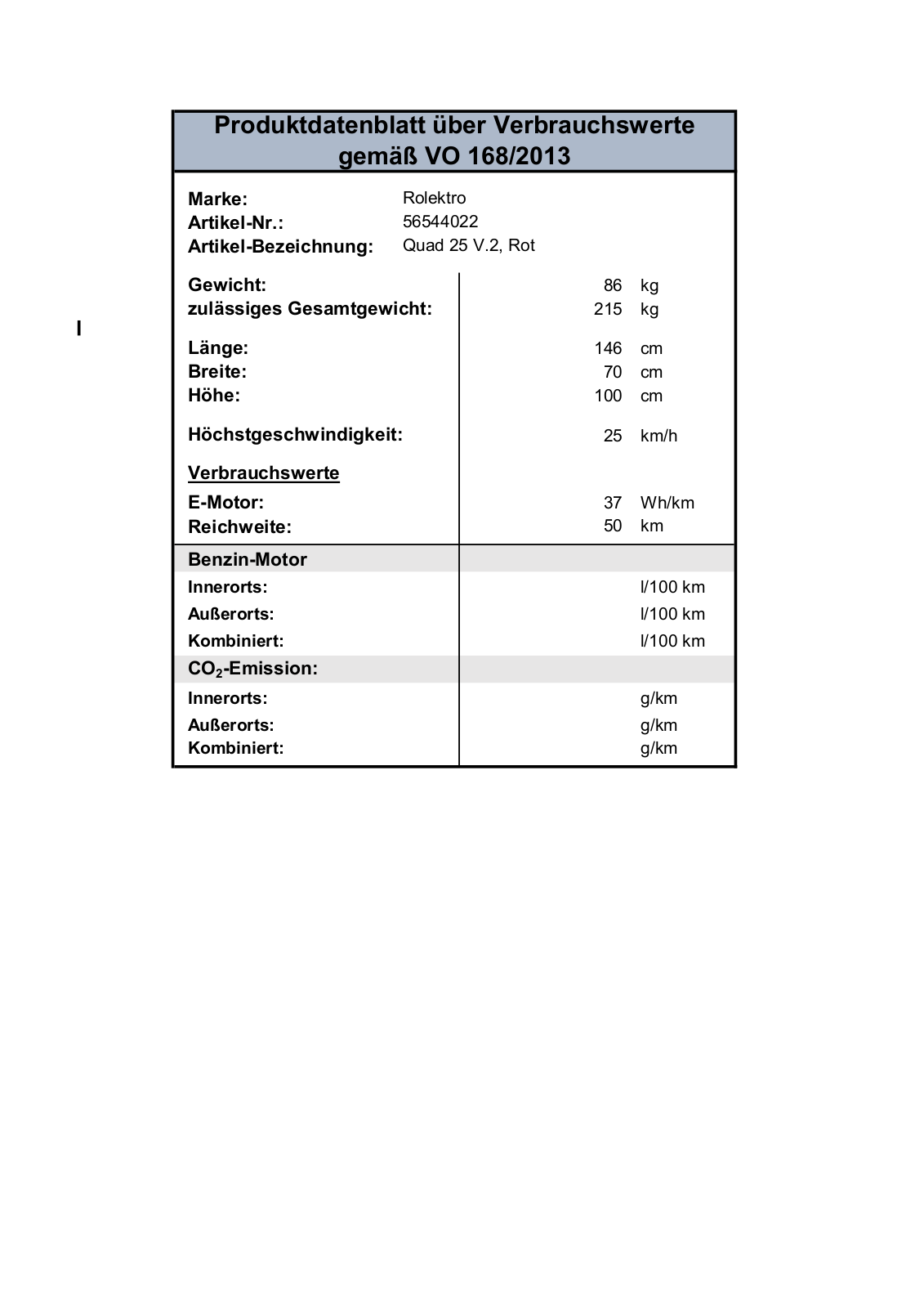 Rolektro E-Quad 25 Technical data