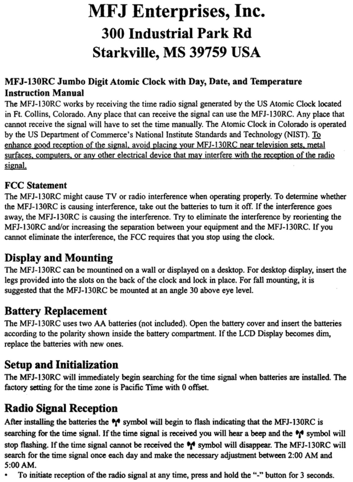 MFJ MFJ-130RC User Manual