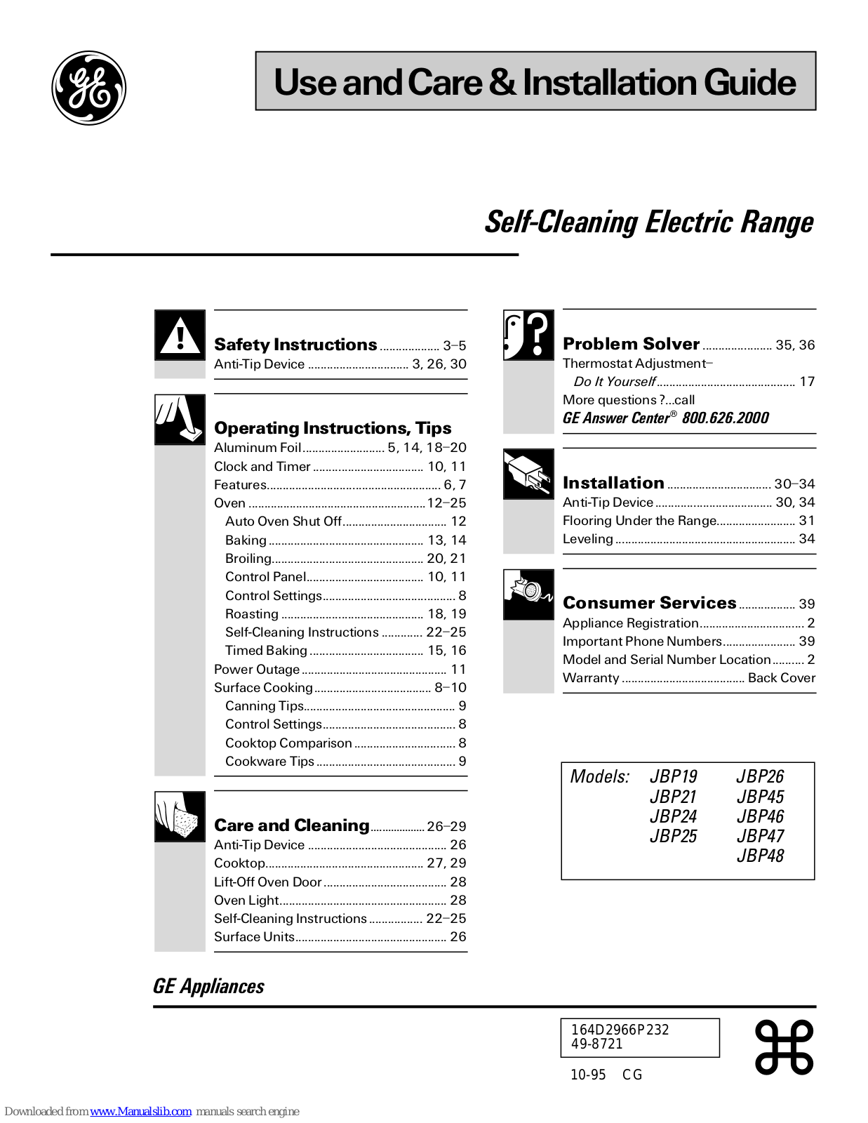 GE Self-Cleaning Electric Range, JBP21, JBP24, JBP25, JBP26 Use And Care & Installation Manual