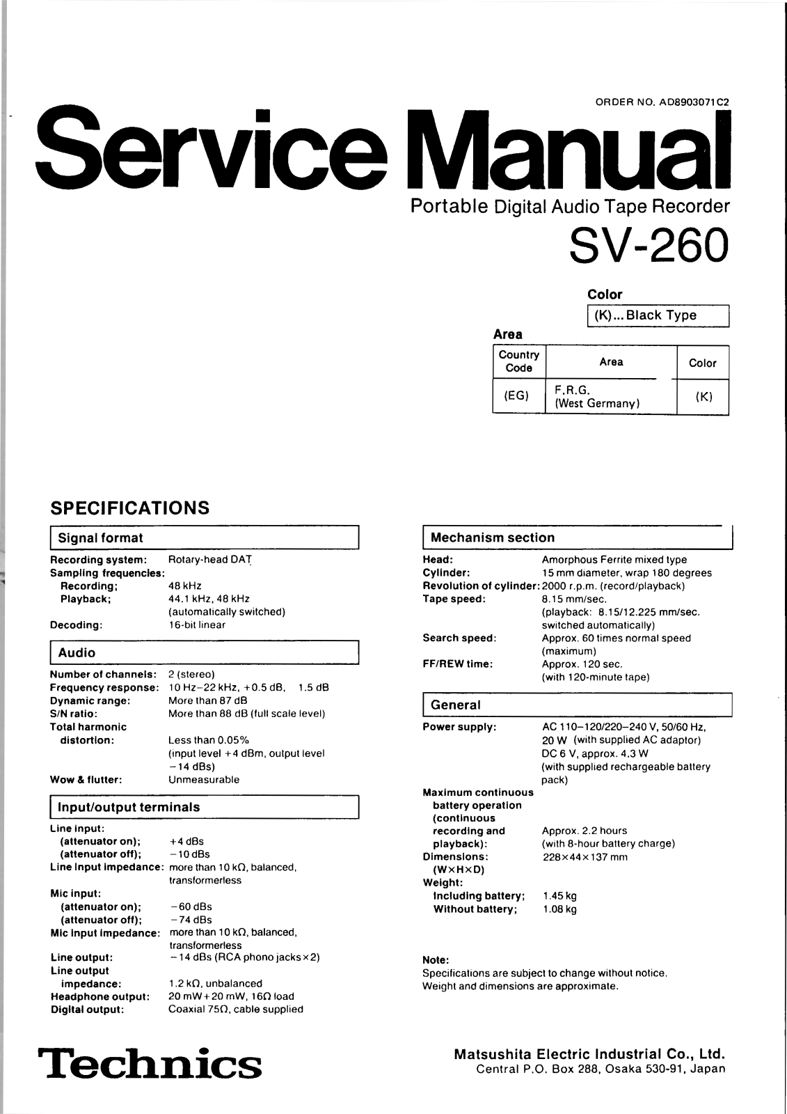 Technics SV-260 Service Manual