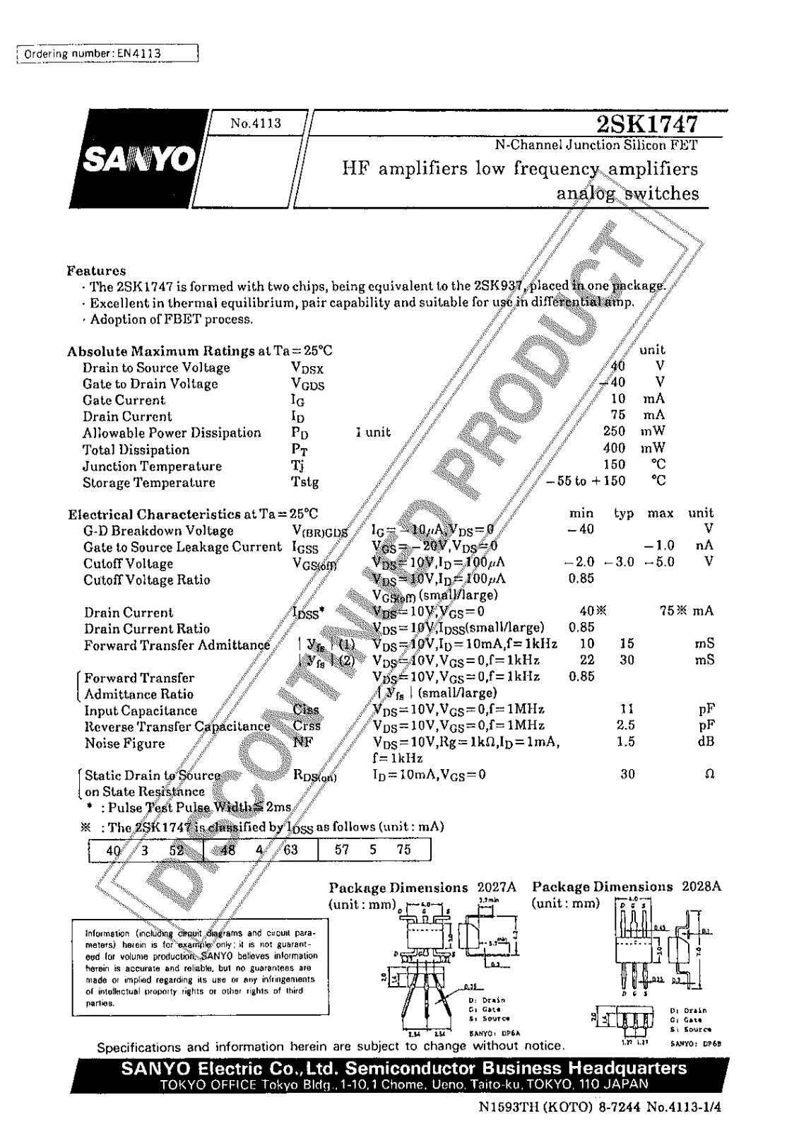 Sanyo 2SK1747 Specifications