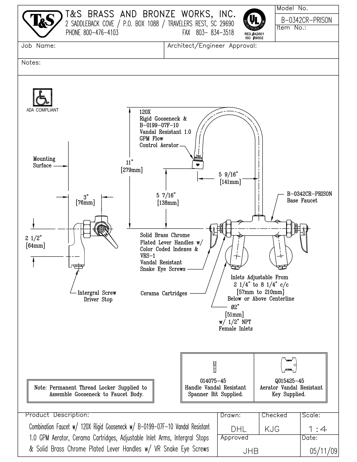 T&S Brass B-0342CR-PRISON User Manual