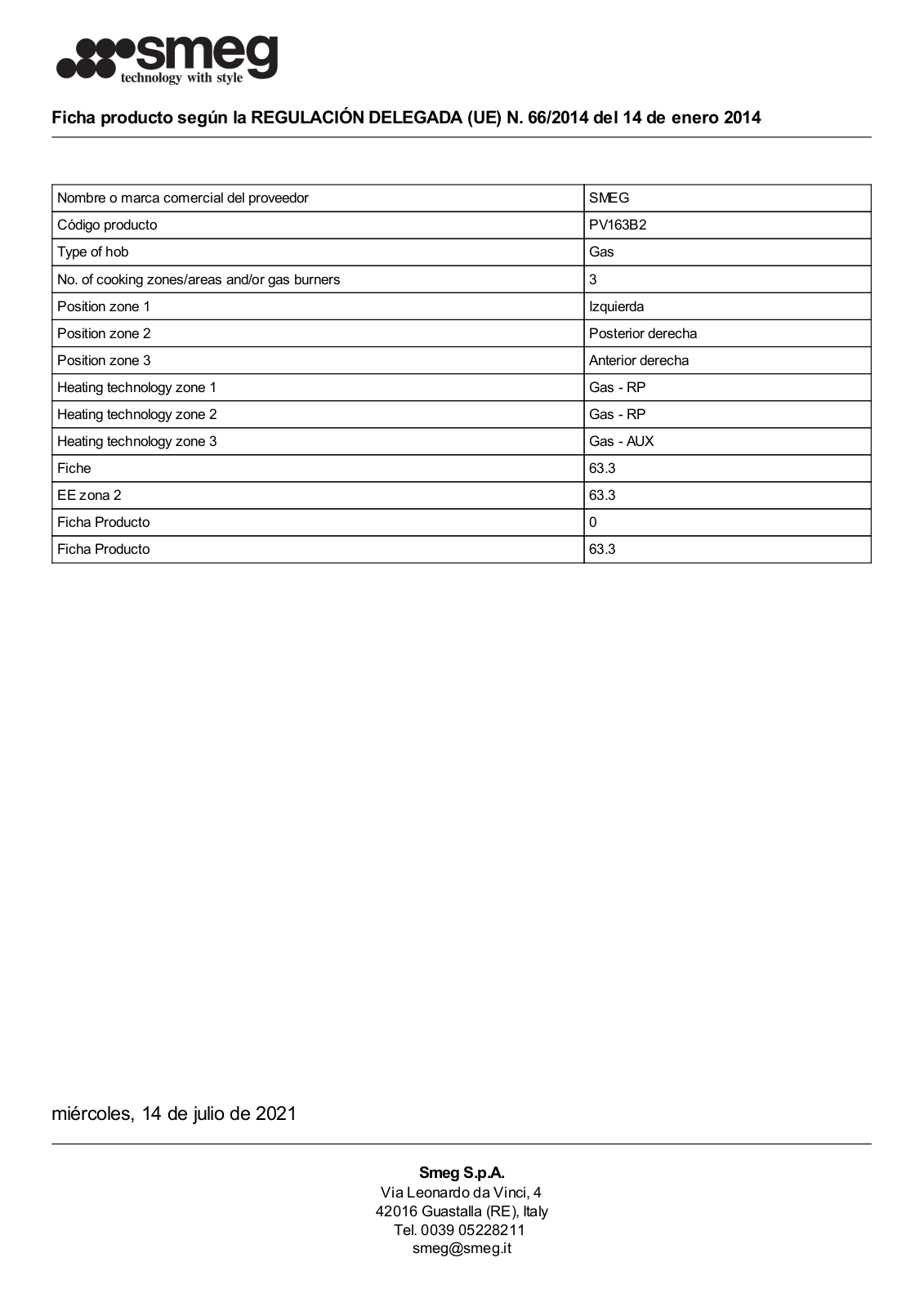 Smeg PV163B2 Product Information Sheet