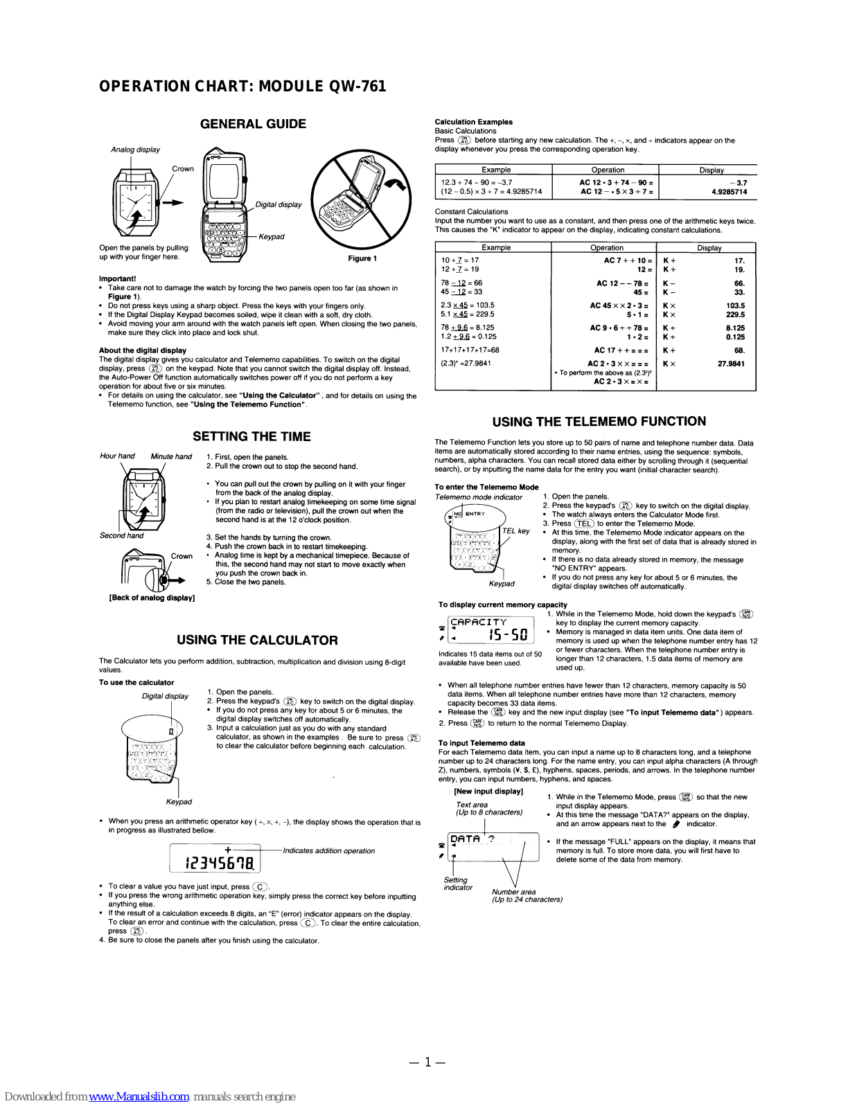 Casio QW-774, QW-788, QW-798, QW-722, QW-741 General Manual