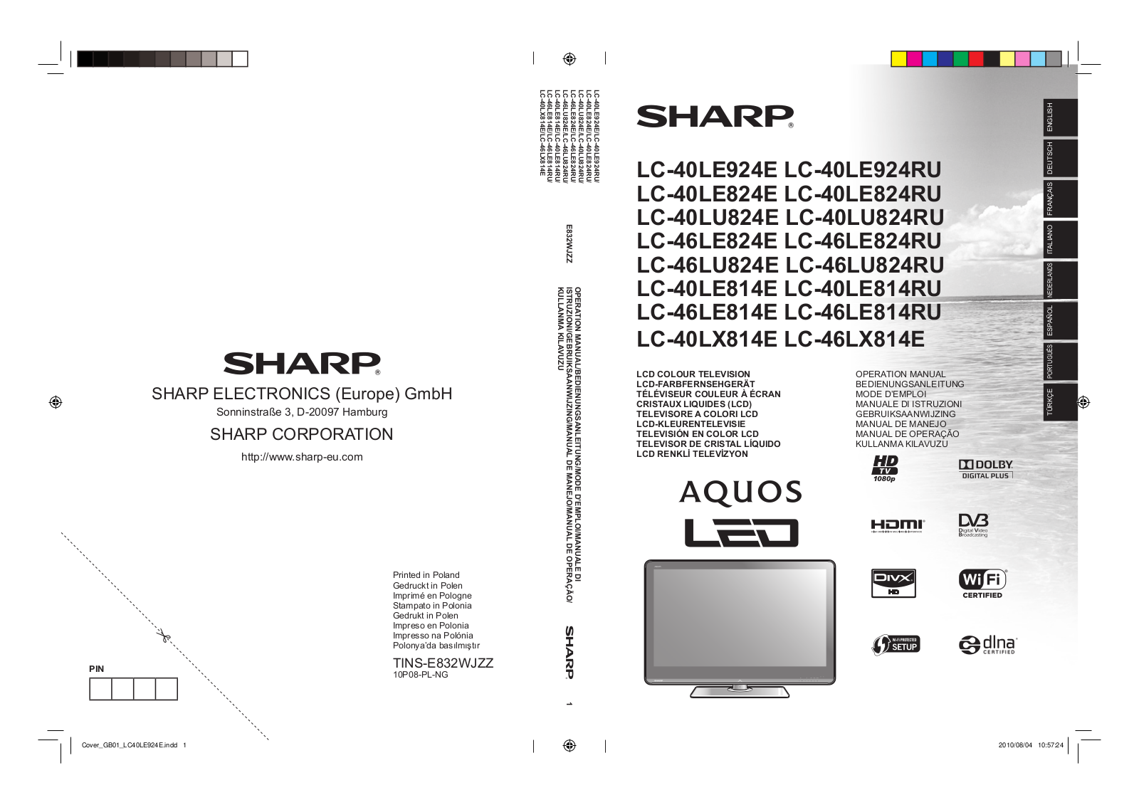 Sharp LC-40LE814E, LC-40LE814RU, LC-40LE824E, LC-40LE824RU, LC-40LE924E Operating Manual