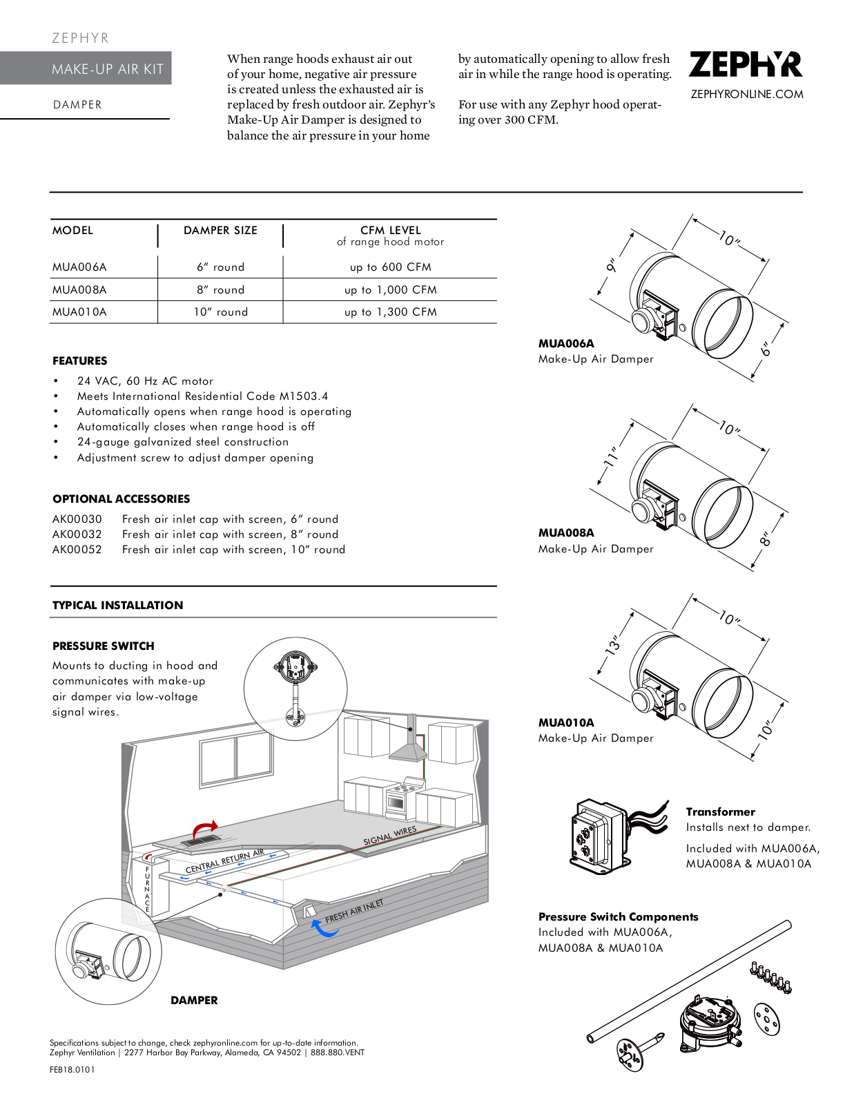 Zephyr AK7136AS, ZSPE48BS, ZMLE42BS, AK2500BW, ZTAE30AS290 Specifications