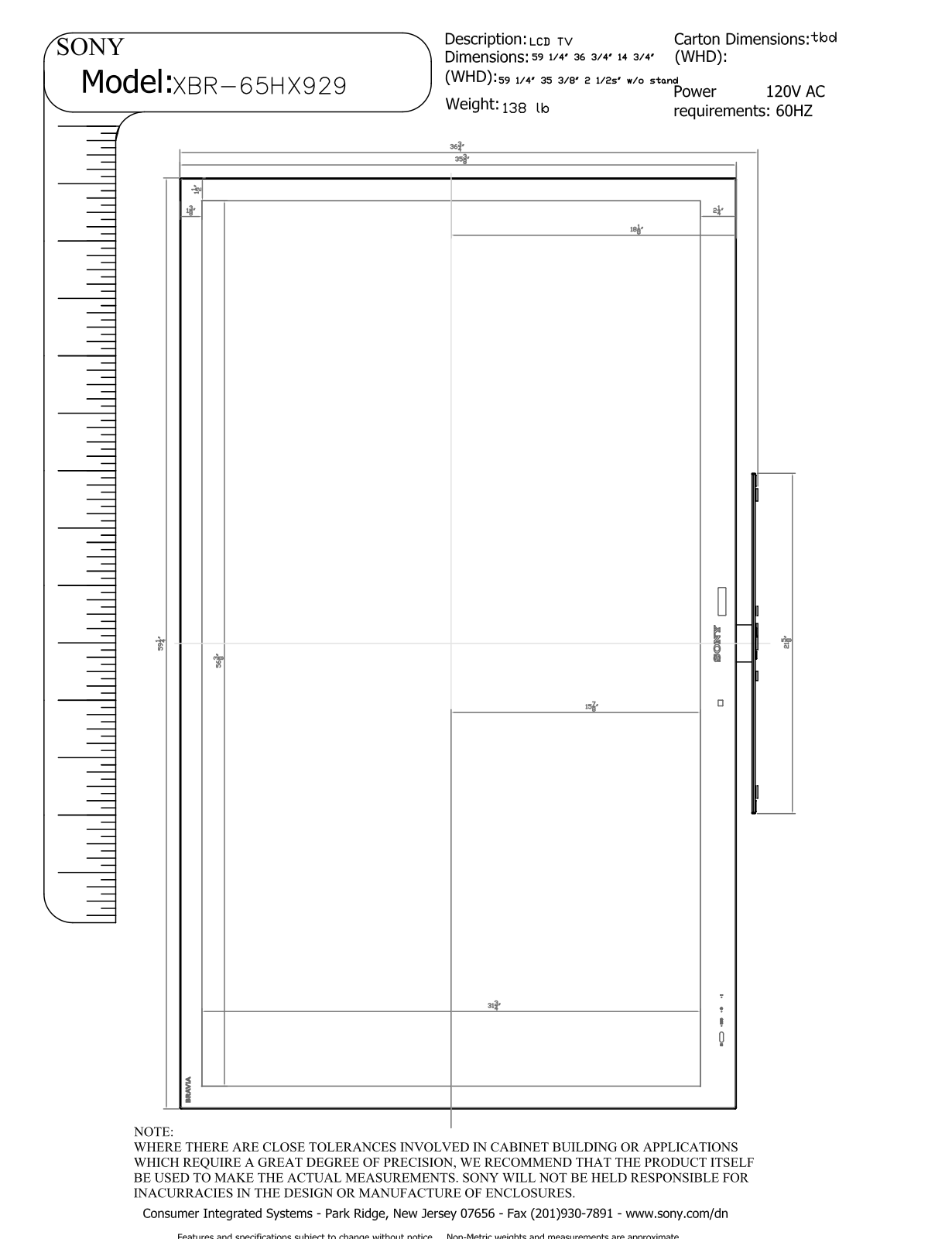 Sony XBR-65HX929 Dimensions Diagram