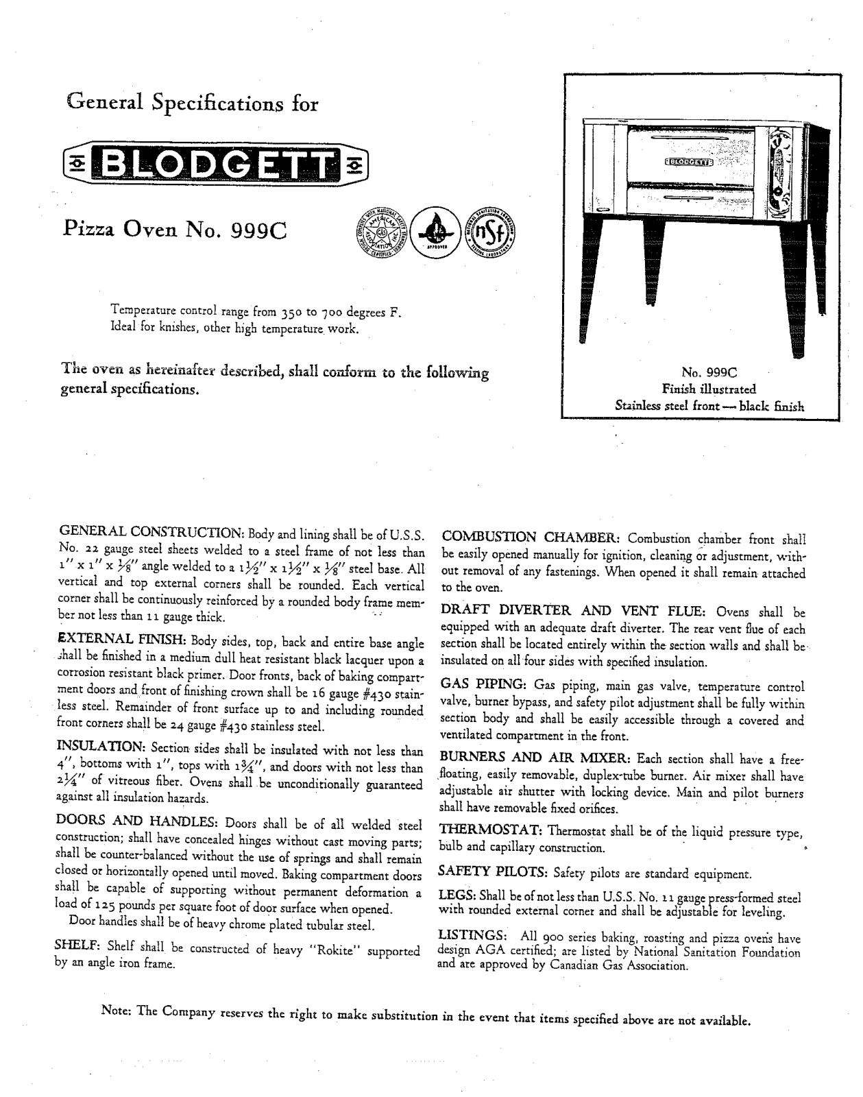 Blodgett 999C User Manual