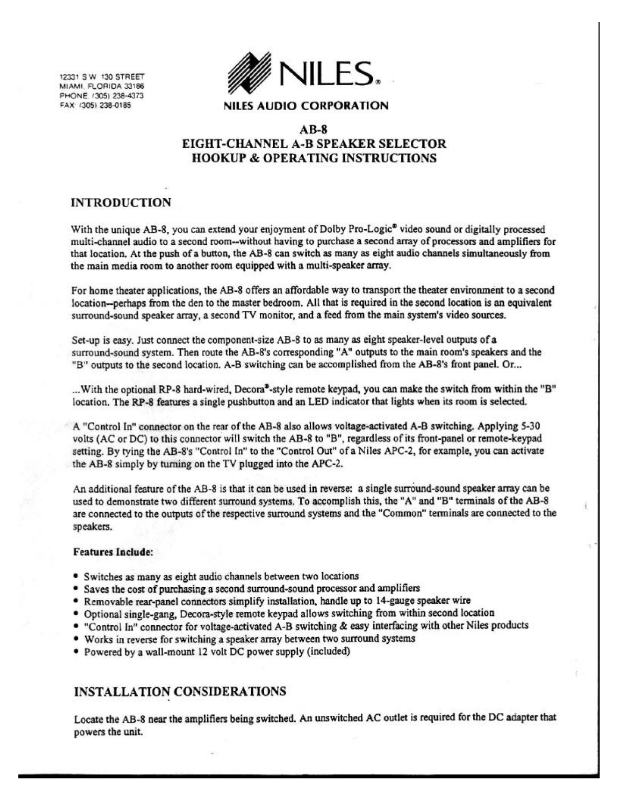 Niles AB-8 specifications