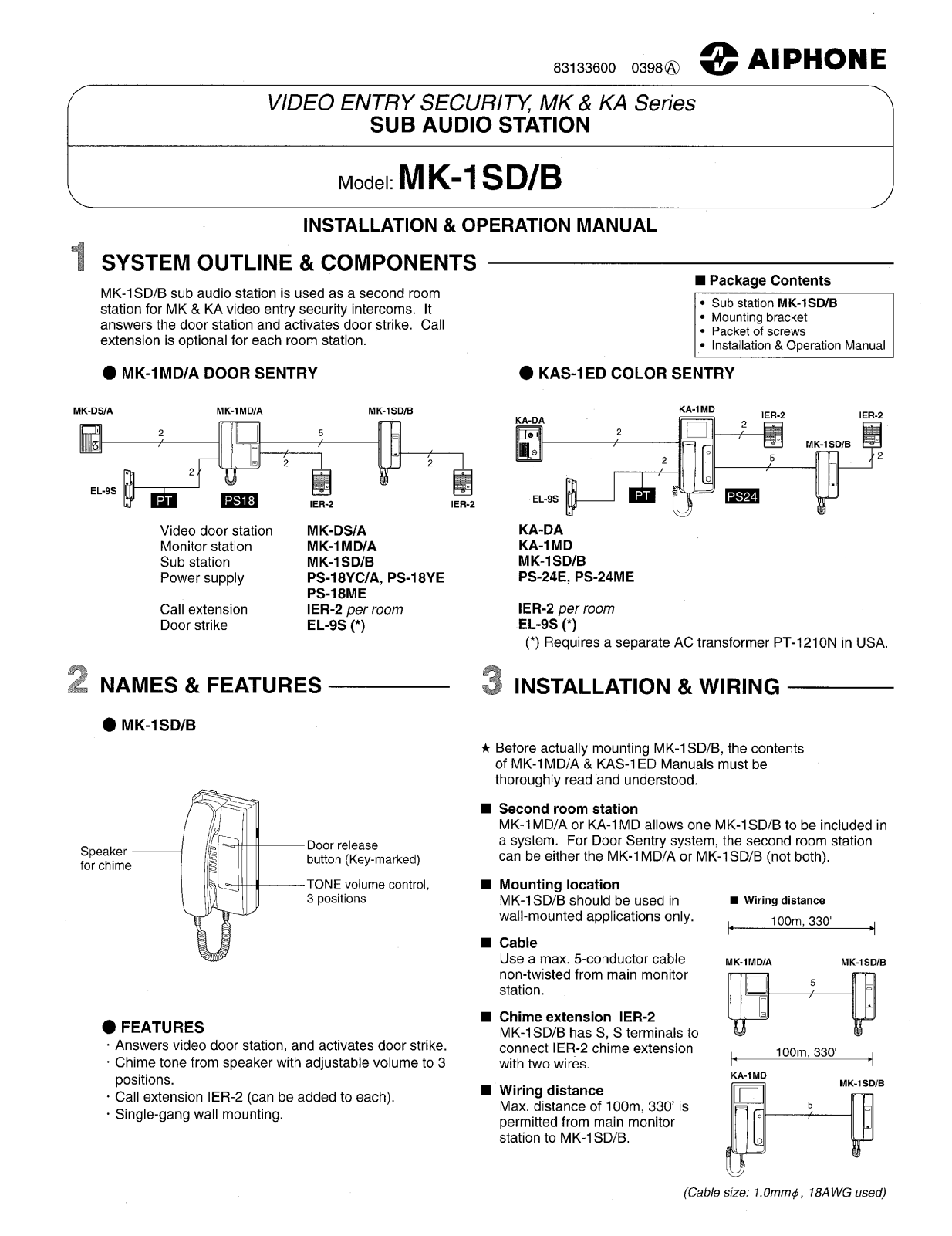 Aiphone MK-1SD INSTALLATION INSTRUCTIONS