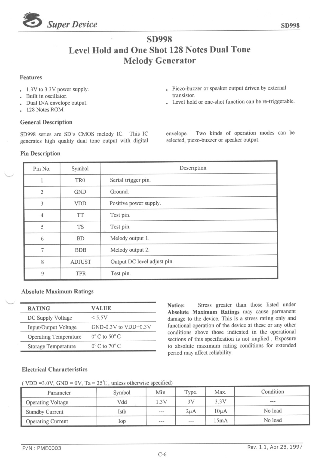 Super Device Microelectronics Co SD998 Datasheet