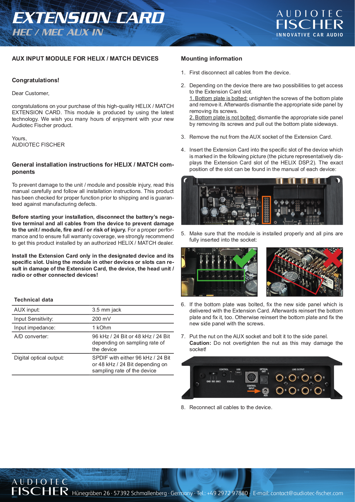 Helix MEC AUX IN operation manual