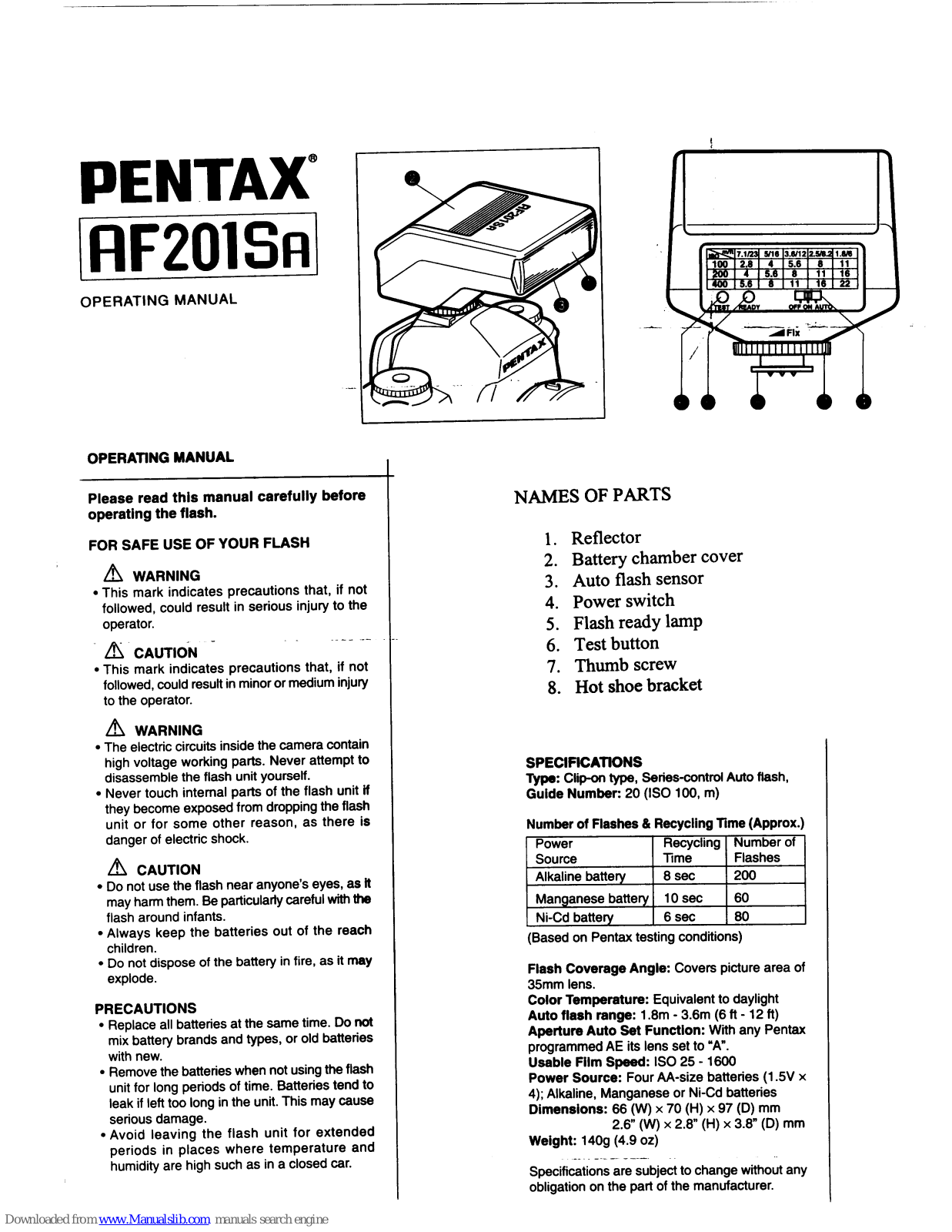 Pentax 201SA - AF - Hot-shoe clip-on Flash, PCS-225, 201SA Operating Manual