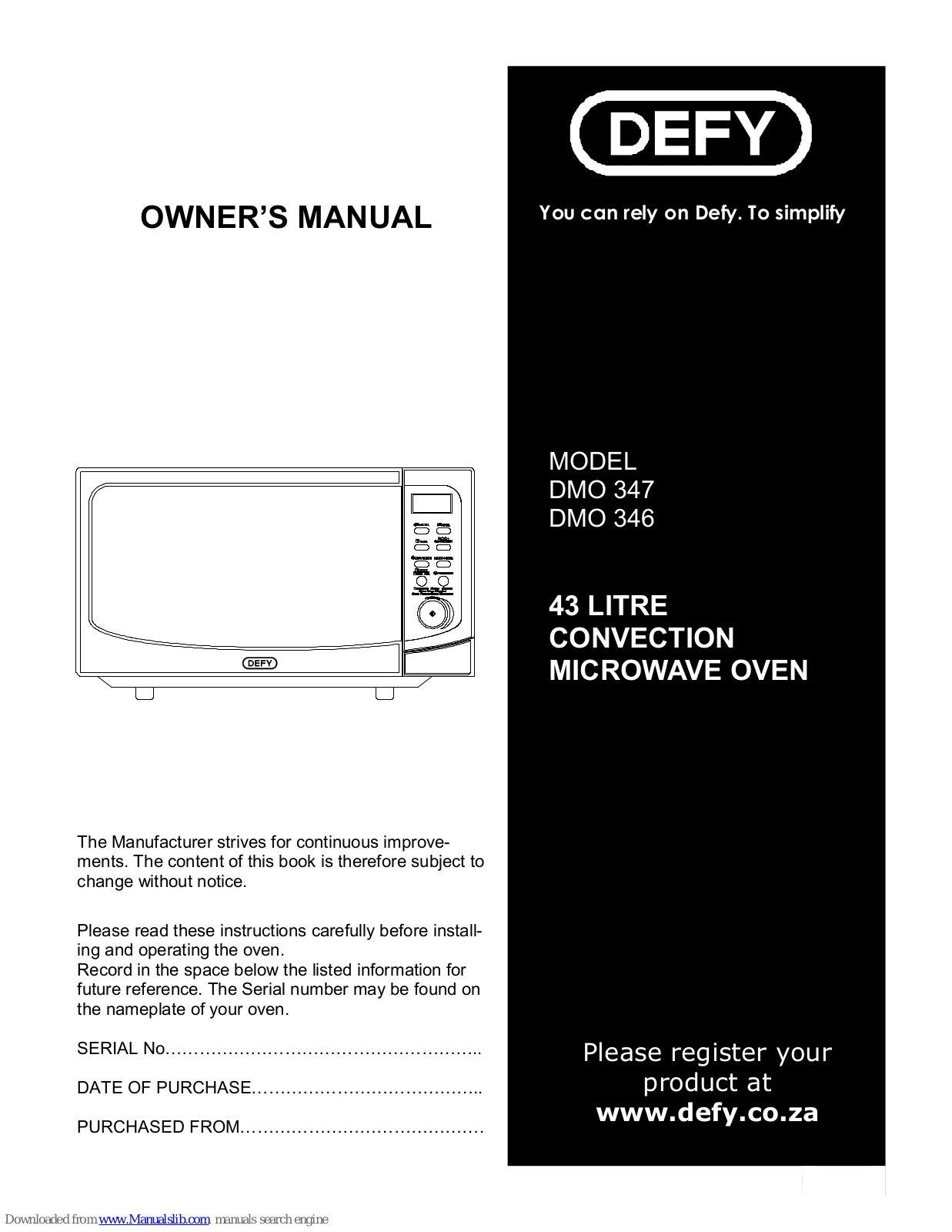 Defy DMO 347, DMO 346 Owner's Manual