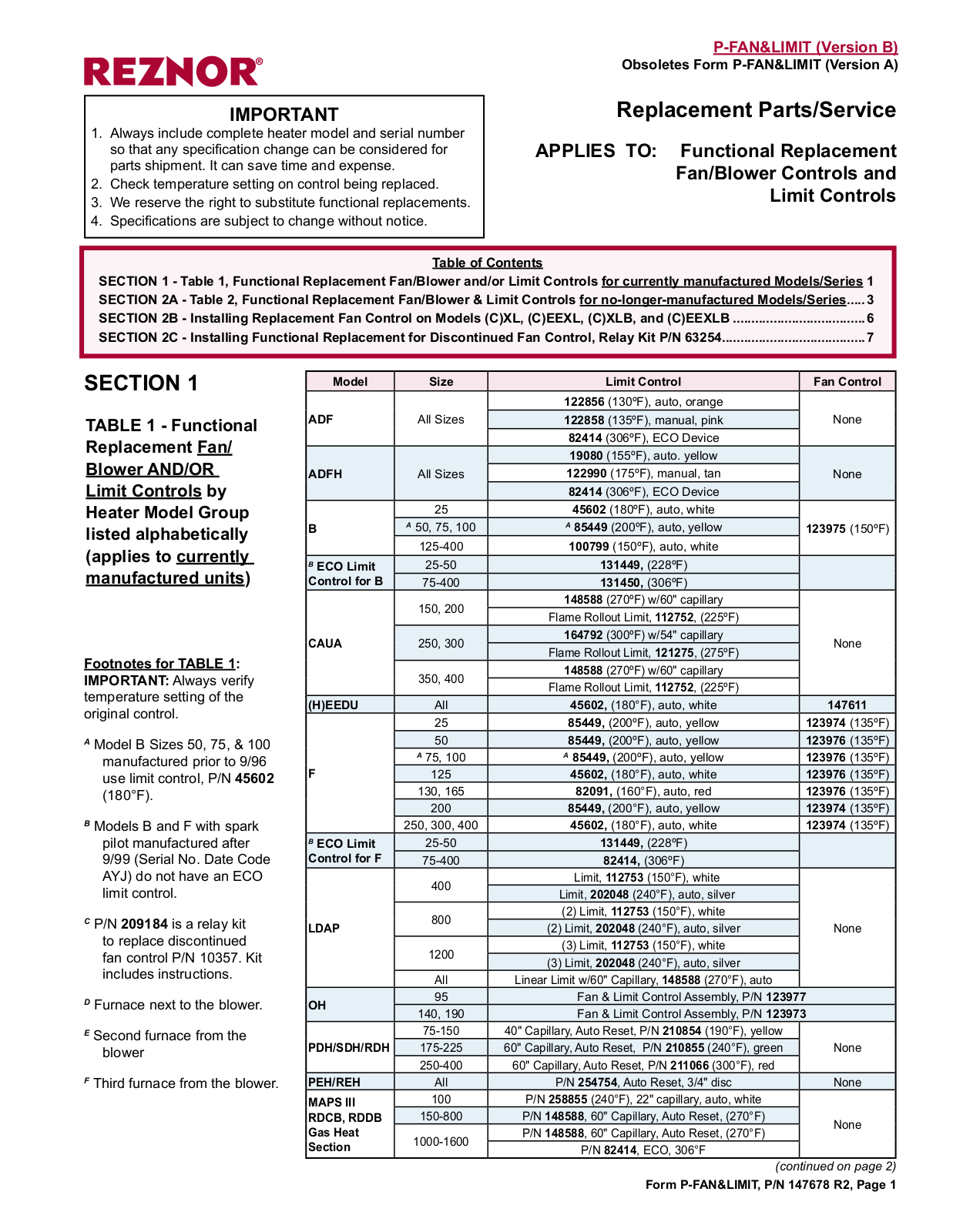 Reznor Limit Control Switch, F50-165, FE-25, F-75, ADFH User Manual