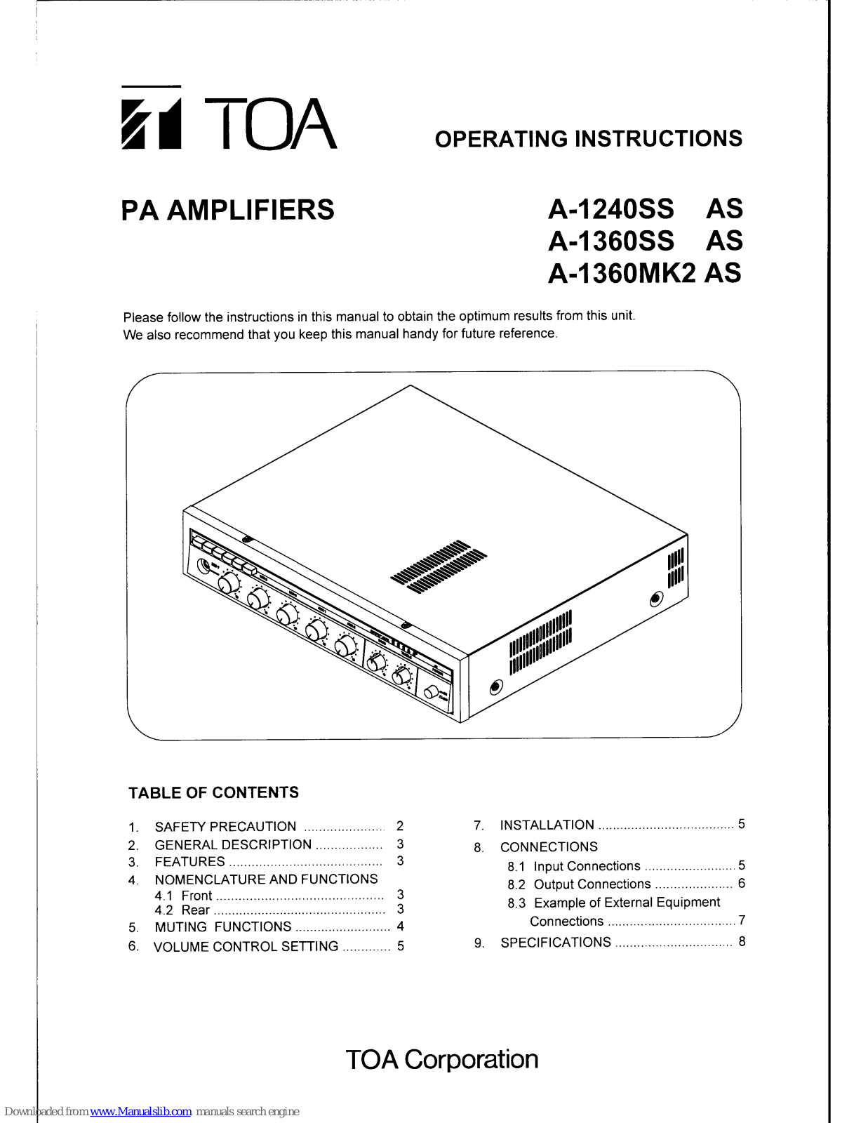 Toa A-1240SS AS, A-1360SS AS, A-1360MK2 AS Operating Instructions Manual