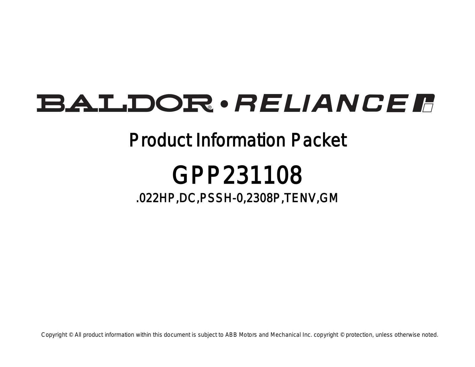 Baldor GPP231108 Product Information Sheet